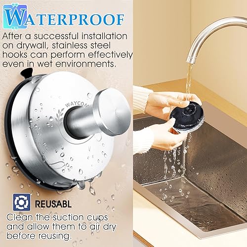 Miniatura 4 de WAYCOM Ganchos de ventosa para ducha, 2 ganchos de toalla para pared de baño, ganchos de ducha de acero inoxidable al vacío SUS304 para baño,
