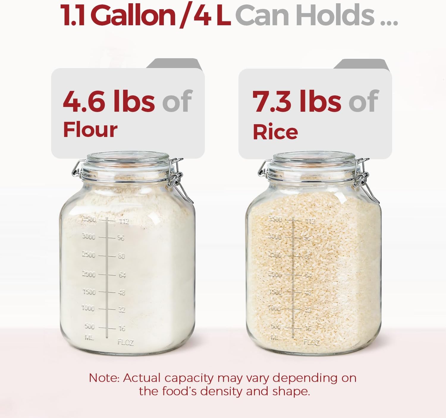 1.1 Gallon Wide Mouth Glass Canisters with Airtight Lids & Measurement Marks (2-Pack) – Includes 2 Measuring Scoops & Labels, Food Storage Jars for Flour, Sugar & Baking Supplies | BPA-Free
