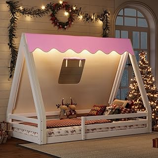 Twin Size House Floor Bed with Tent and Light, Solid Wood Teepee Floor Bed with Full-Length Guardrails, Natural+Green (White+Pink + MDF + Pine + Plywood + Twin)