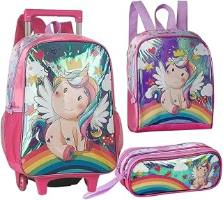 Kit Mochila de Rodinha, lancheira e estojo Unicórnio brilhante