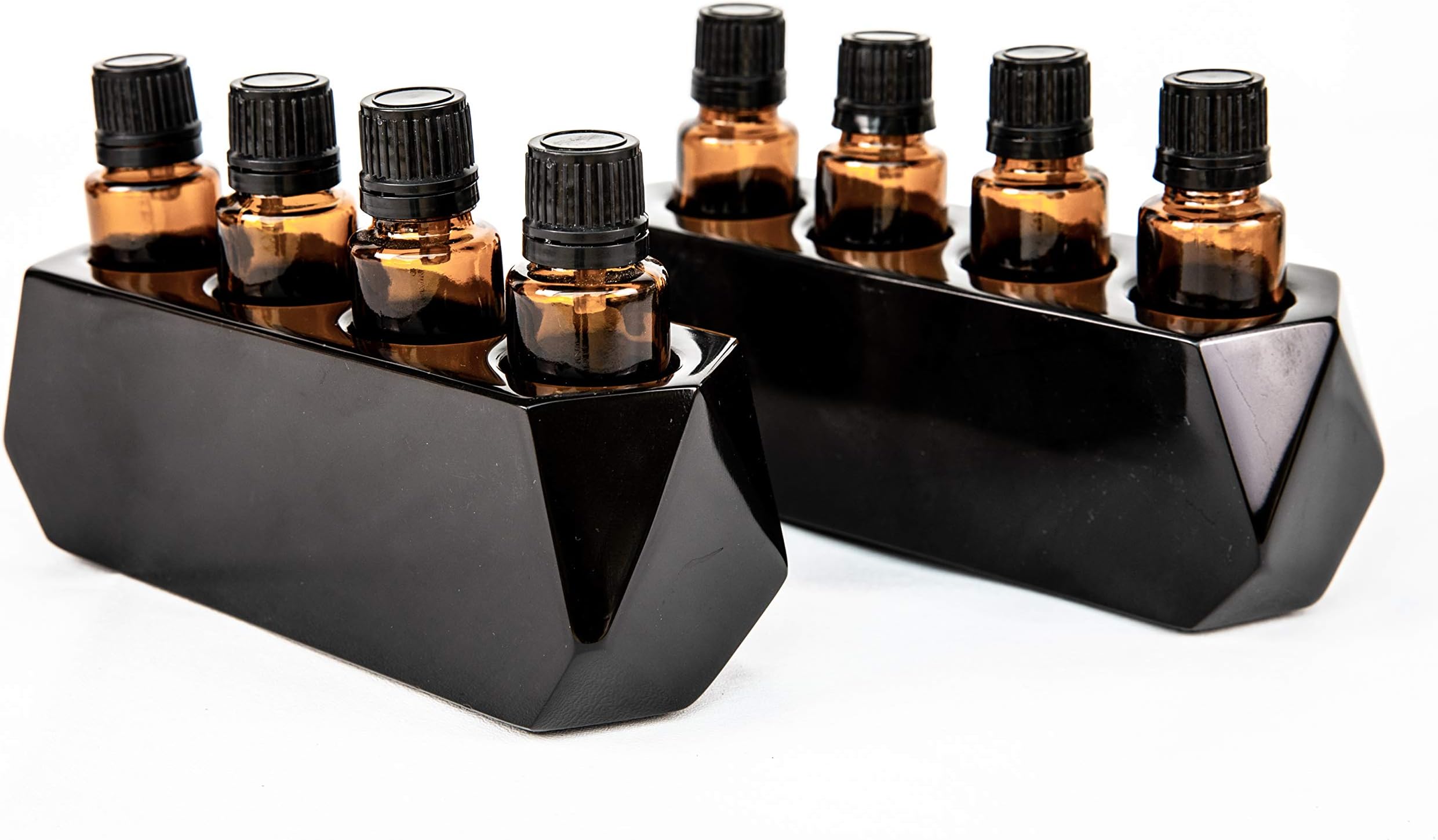 Diamond Set of Stone Essential Oil Holders-100% Stone and Handmade-Decorative Display Case Box Organizer-Set of 2 Pieces, Holds 4, 15ml Bottles Each (Classy Black)