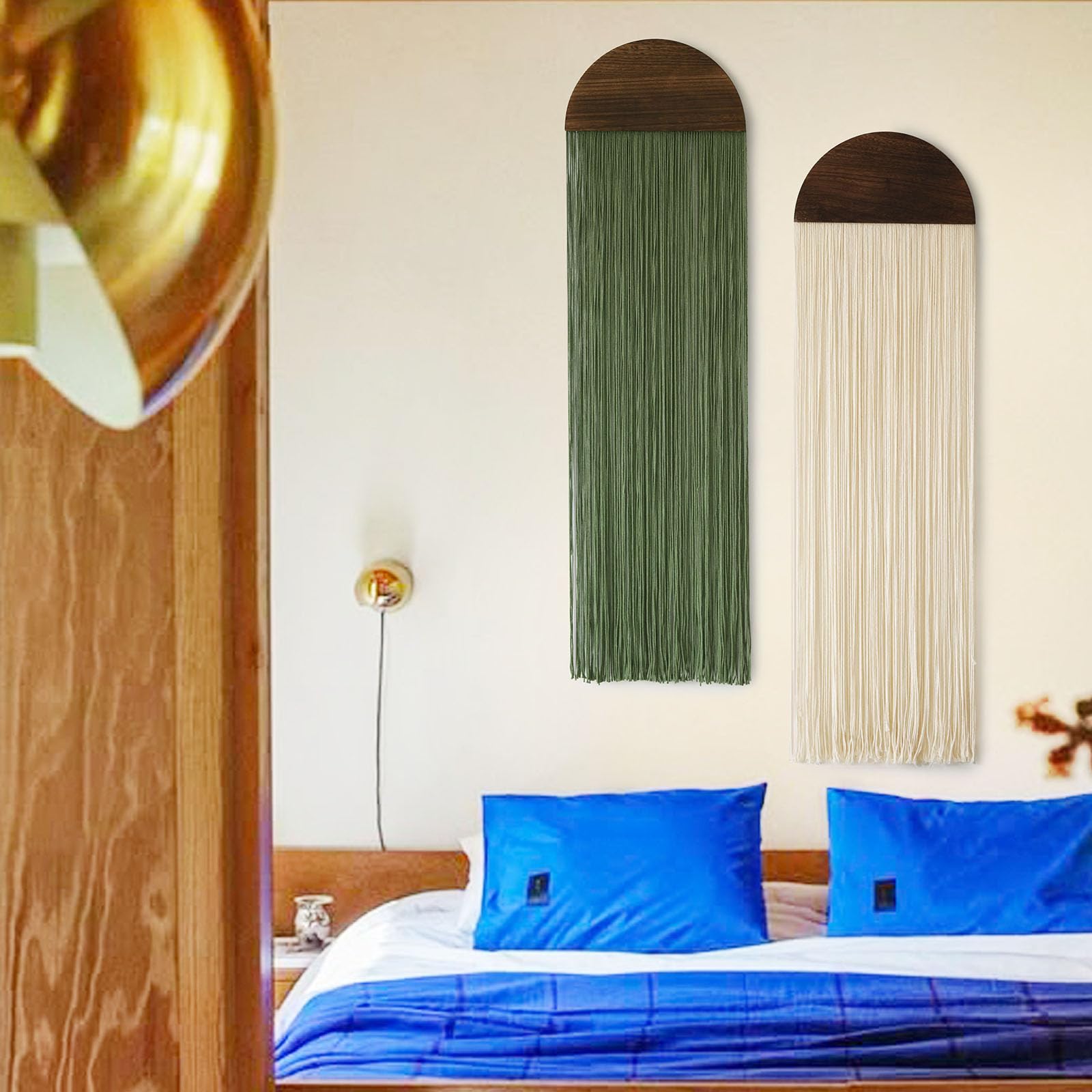 2 Pcs Macrame Wall Hanging Boho Decor Wall Tapestry Handmade Round Tassel 13.7" W x 51" L for Living Room Bedroom Headboard Decor