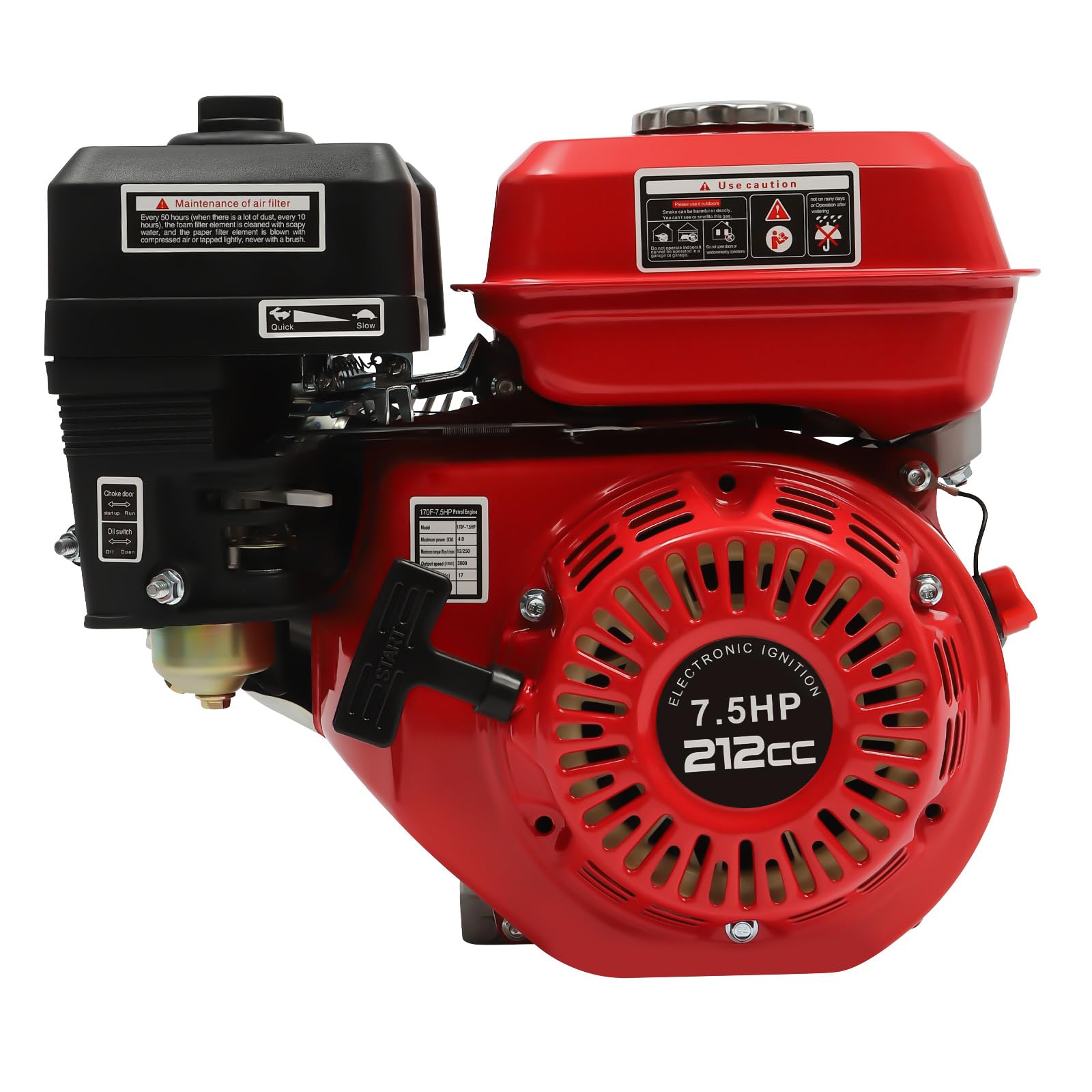 Motor de Gasolina 7.5CV 4 Tiempos OHV 212cc 4000W Monocilíndrico | Refrigerado por Aire 3600 RPM Torque 12N.m Arranque Manual con Alarma Aceite para Kart Maquinaria Agrícola Generador Bomba