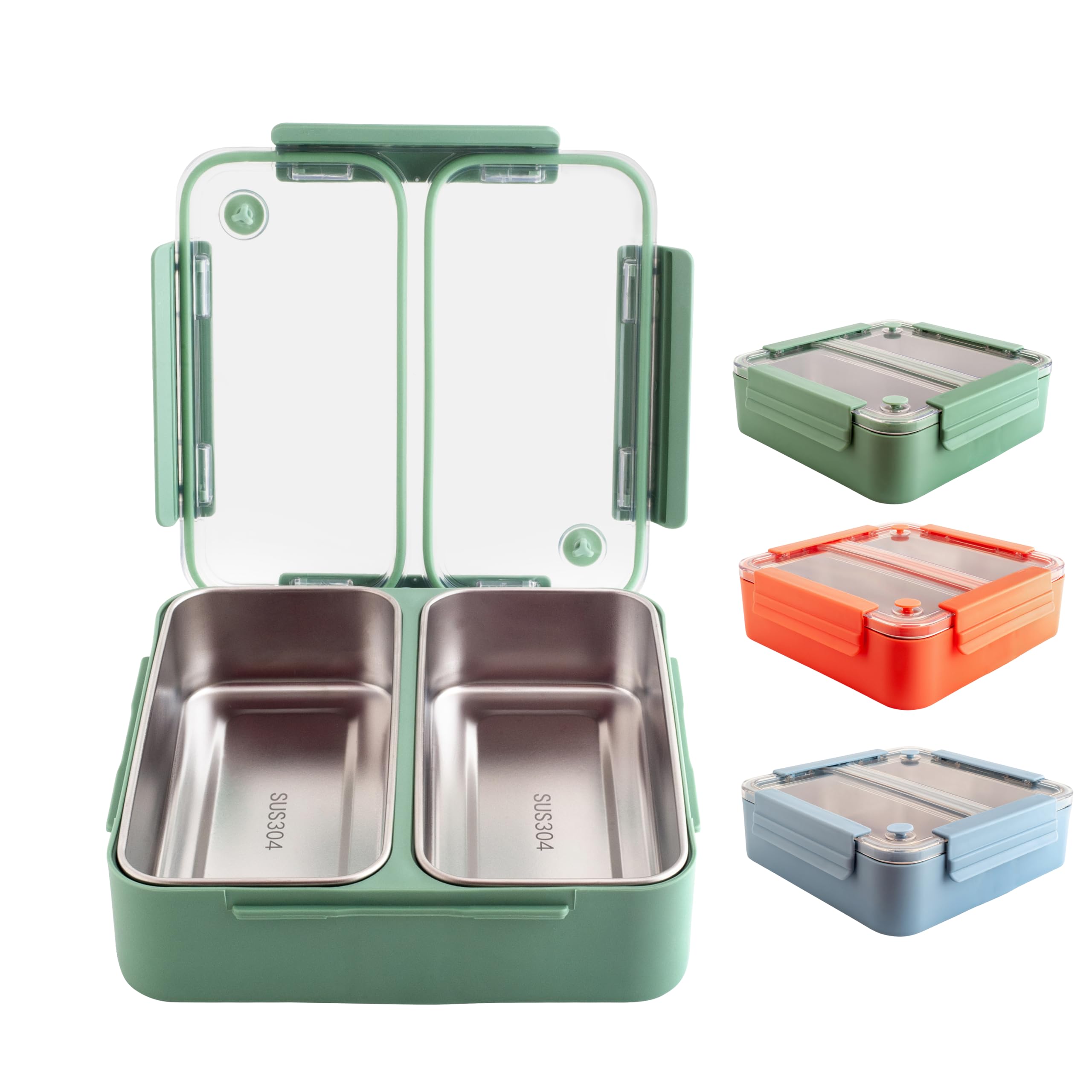 Xxonyx Green Bento Lunch Box 1100Ml For Adults And Kids Large Capacity With Two Stainless Steel Compartments Leakproof Lunchbox For Work And School Prepare Meal Container (Green)