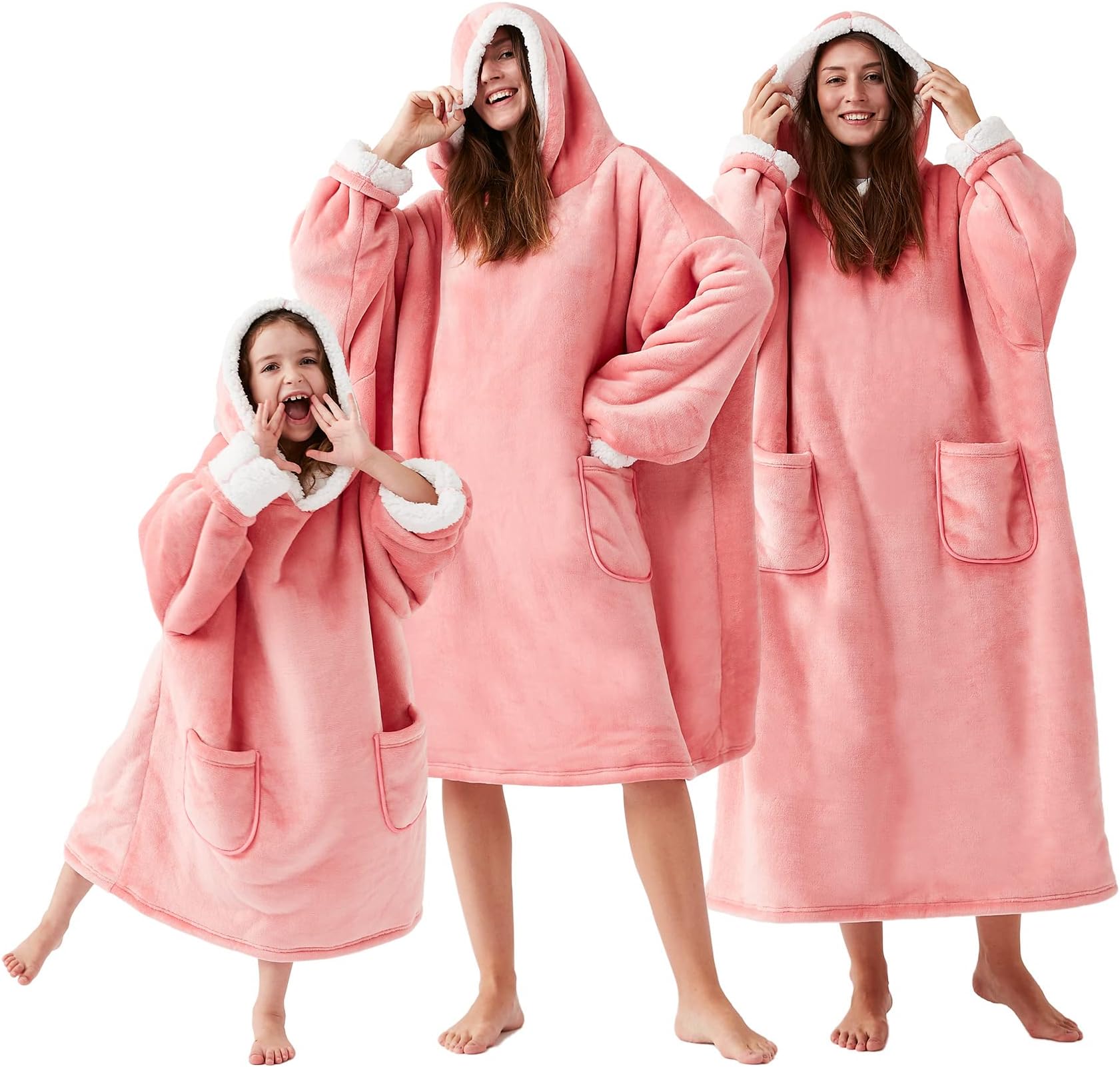 EHEYCIGA Flannel Fleece Wearable Blanket Hoodie for Adults and Kids, Snuggie with Pockets and Sleeves Hooded Sweatshirt - Pink Kids, Pink, Kid