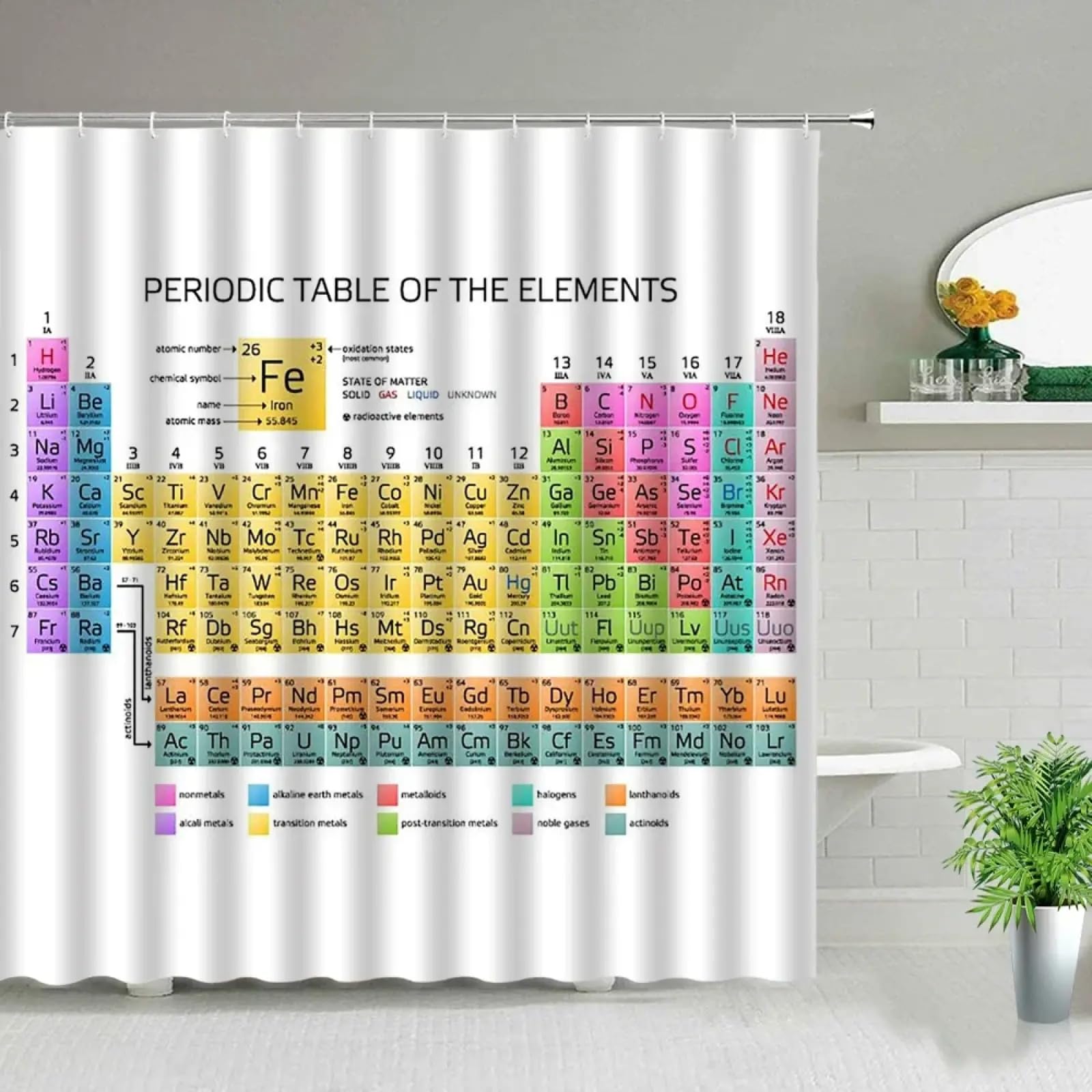 Rideau de douche tableau périodique 135x190 cm en tissu imperméable pour décoration salle de bain