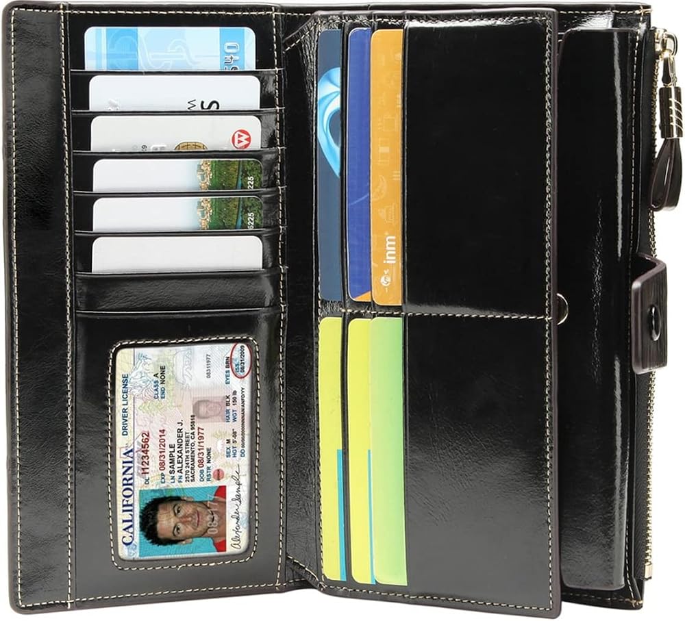 Itslife Womens RFID Blocking Large Capacity Luxury Wax Genuine Leather Wallet Clutch Ladies Card Holder, Black