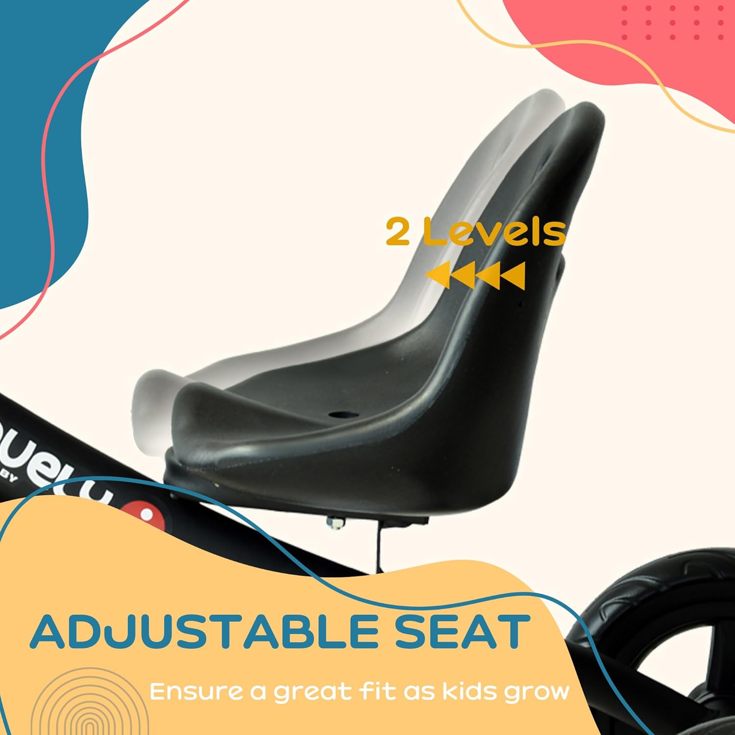 Graphic showing the adjustable seat of the tricycle with two height levels indicated.