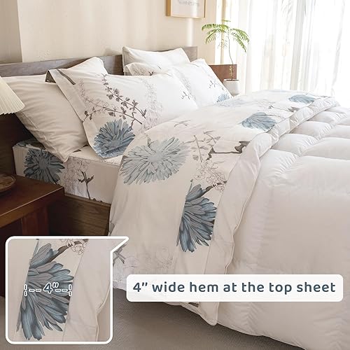 Miniatura 8 de QSH Sábanas 100% algodón para cama tamaño King, patrón de plantas florales blancas botánicas de algodón de lujo estampado floral, tamaño King con