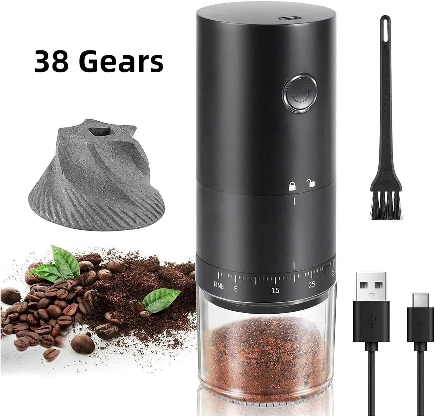 Fit for Portable Electric Coffee Grinder, 38 Gears Adjustment Ceramic Filter Button Start Bean Grinder, Precision Manual-for Home & Travel(Black 2000mAh)