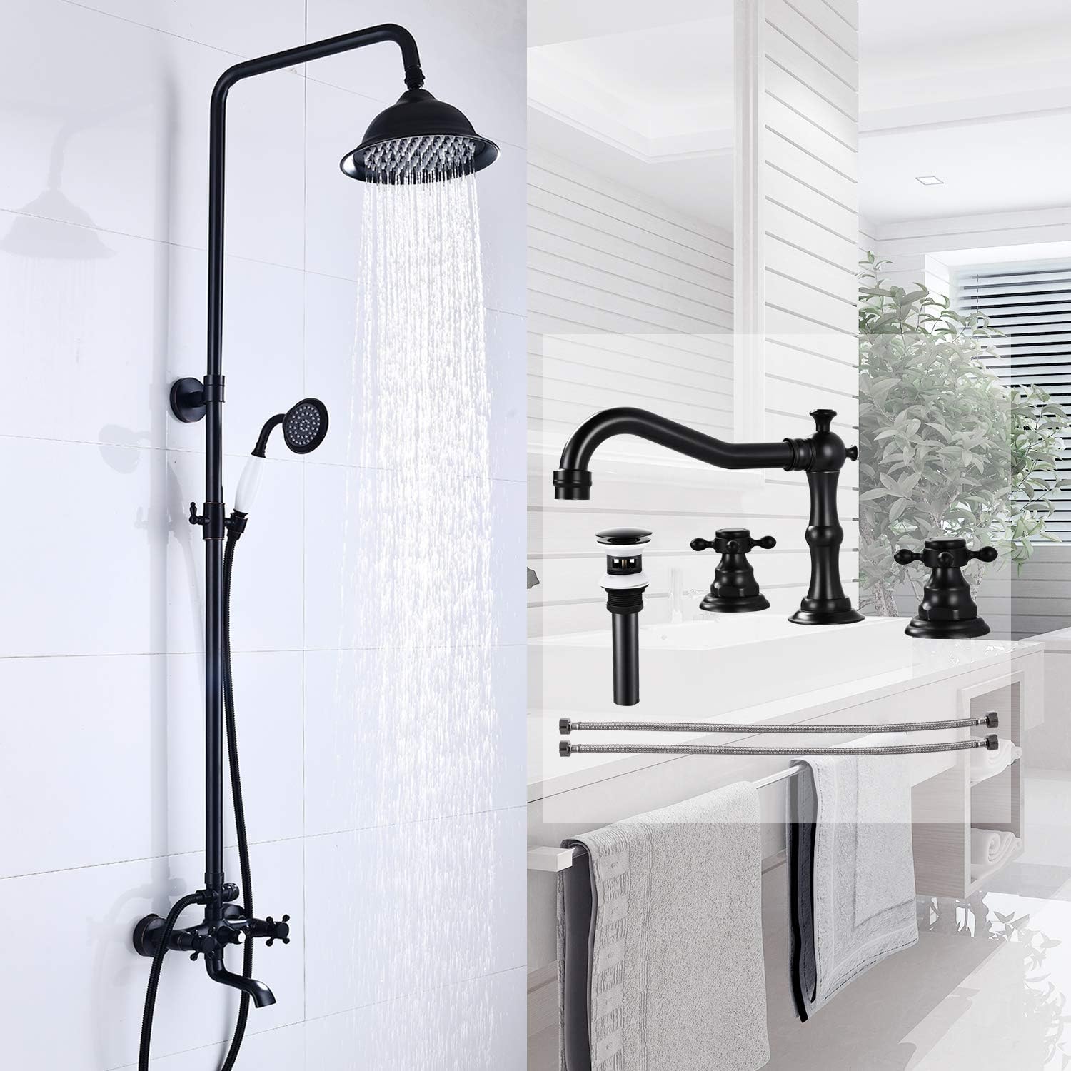 Oil Rubbed Bronze Wall Mounted Shower Faucet 8 Inch Rainfall Shower Head Set with Tub Spout with Matching Oil Rubbed Bronze Victorian Widespread Deck Mounted 3 Holes 2 Handles Bathroom Sink Faucet