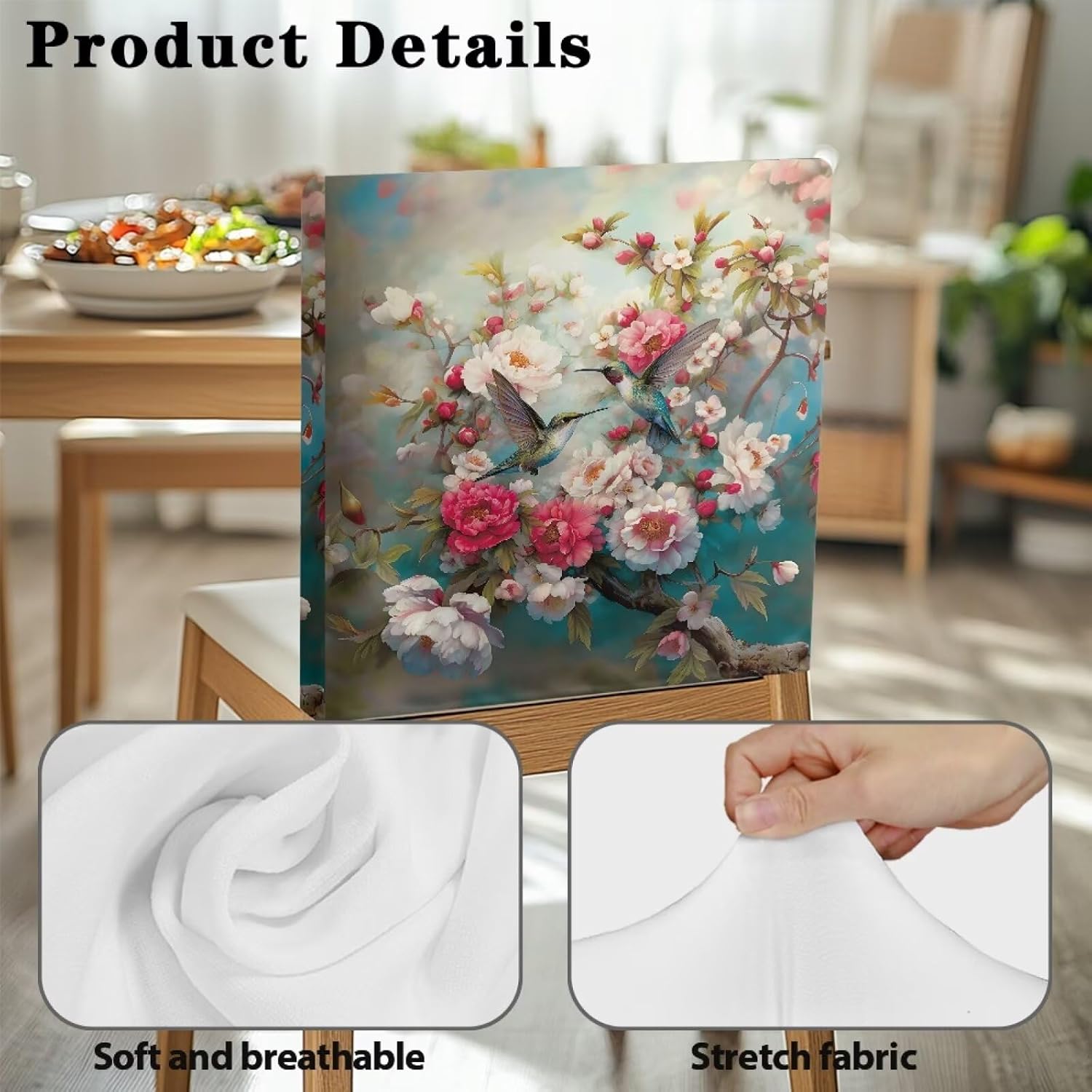 Talayituse Vintage Hummingbird Flower Print Chair Back Covers for Dining Room, Stretchable Anti-Dust Dining Seat Back Slipcover Protector for Home Dinning Room Party, 4 Pack