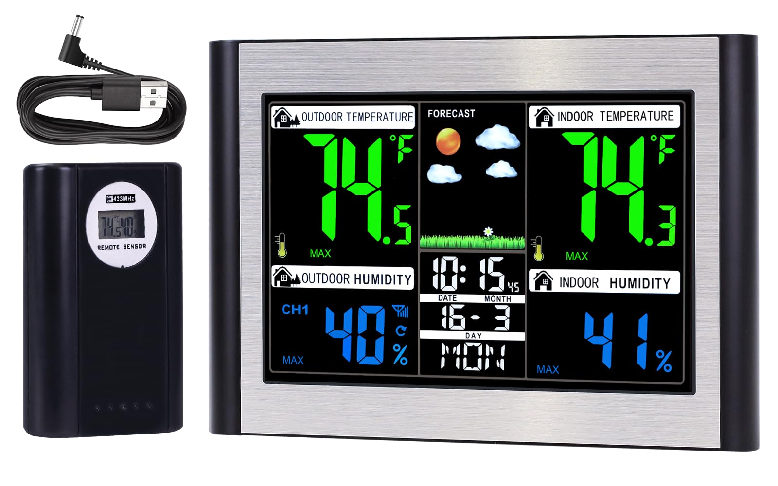 Weather Stations Wireless Indoor Outdoor Thermometer, Color Display Digital Temperature Humidity Monitor with Alarm Clock, USB Port, Adjustable Backlight (Black & Silver)-image-25