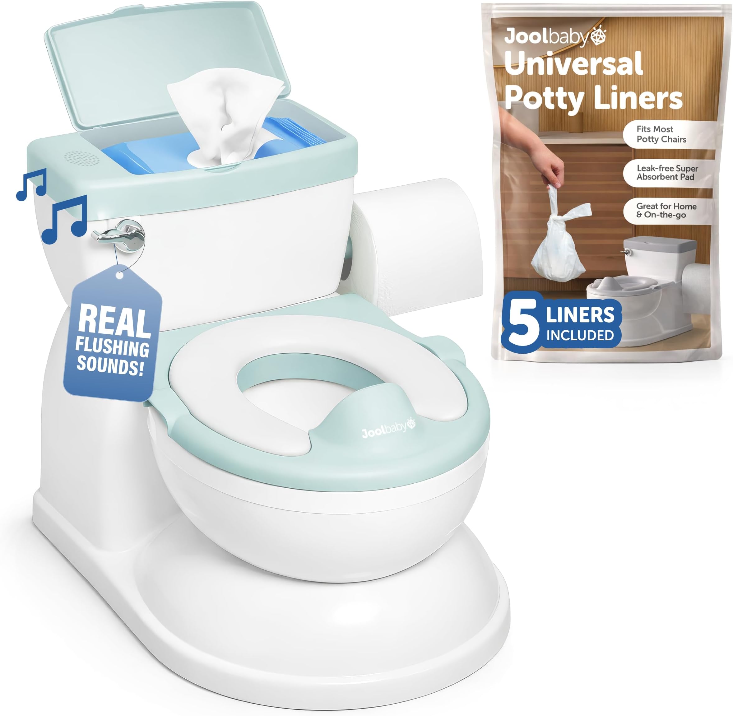 Real Feel Potty with Wipes Storage, Transition Seat & Disposable Liners - Realistic Toilet - Easy to Clean & Assemble - Jool Baby (Aqua)