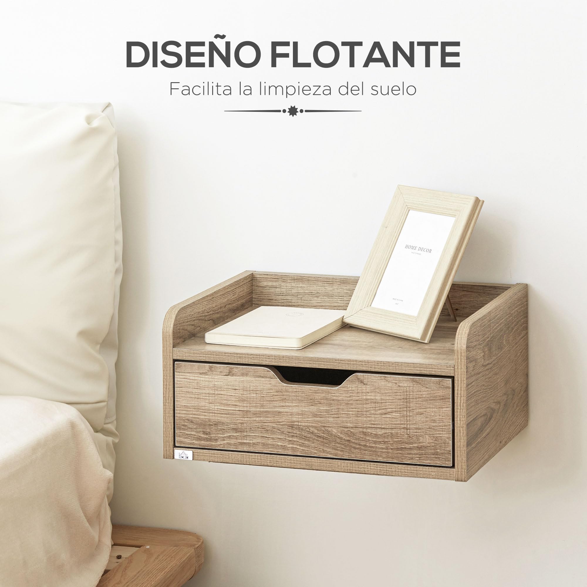 HOMCOM Set de 2 Mesitas de Noche Flotantes con Cajón Madera Natural