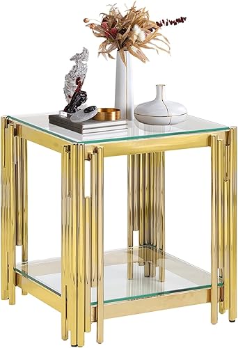 Mesa auxiliar cuadrada de vidrio de 20 pulgadas con marco de acero inoxidable dorado, moderna mesa auxiliar de vidrio transparente para sofá, mesita