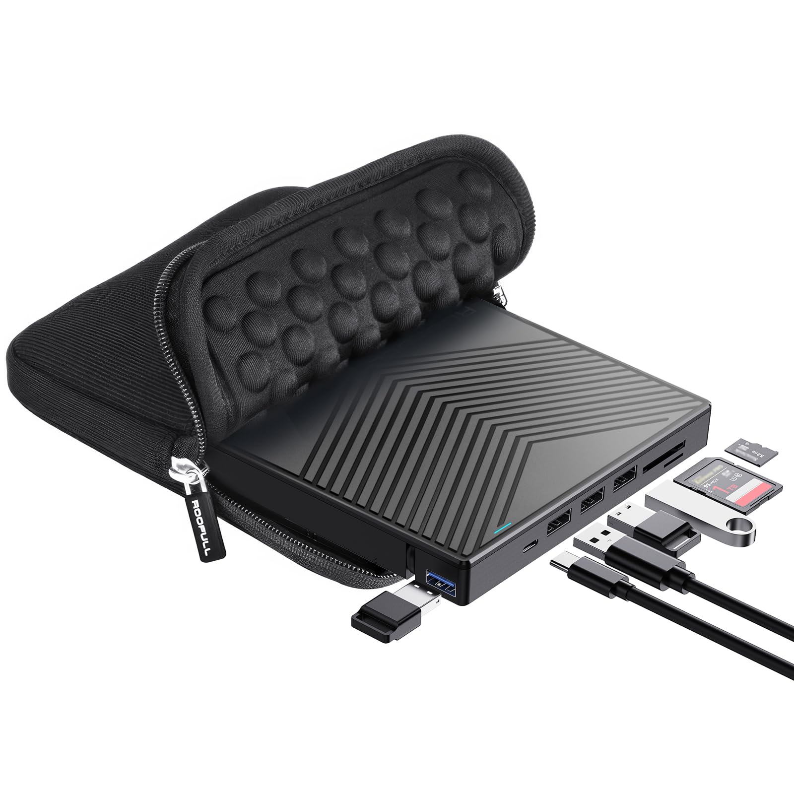 ROOFULL External CD DVD Drive Player Burner USB 3.0 & USB-C Portable CD/DVD-ROM +/-RW Optical Disk Drive with 4 USB Ports + 2 SD/TF Card Reader + Carrying Case for Laptop PC Windows Mac Linux Computer