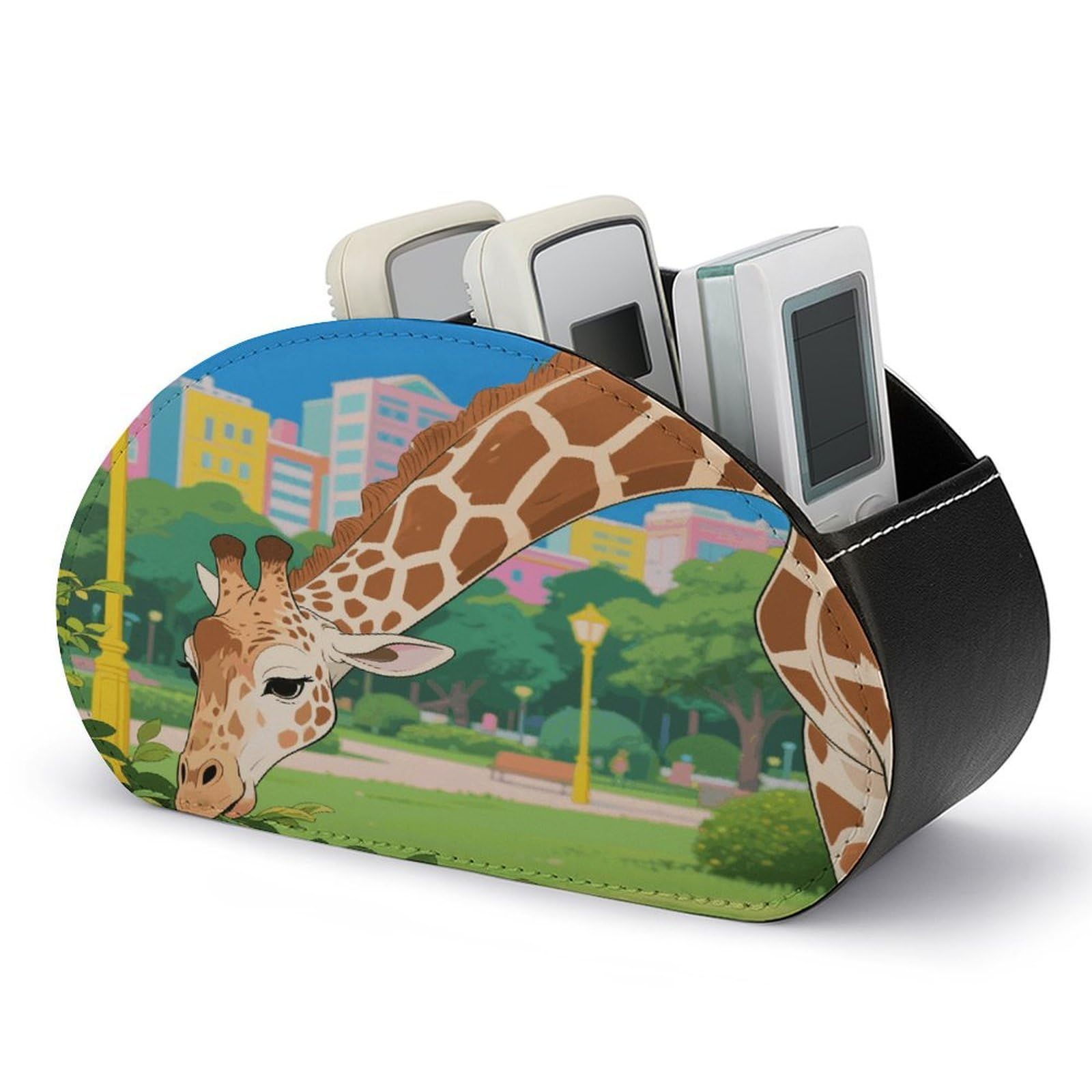 VstaDank Masai Giraffe Remote Control Holder PU Leather Multi-Functional Office Organizar Box Makeup Brush Holder Desk Storage with 5 Compartment TV Remote Media Player Box