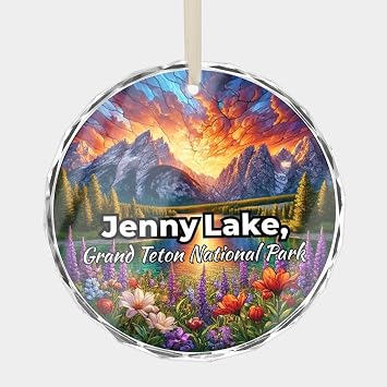 Jenny Lake, Grand Teton National Park Wyoming Travel Souvenir Crystal Glass Christmas Ornament, 3 Flat Round Beveled-Edge Disc 0.23 Thick with Printed Image, Xmas Gift Ornaments