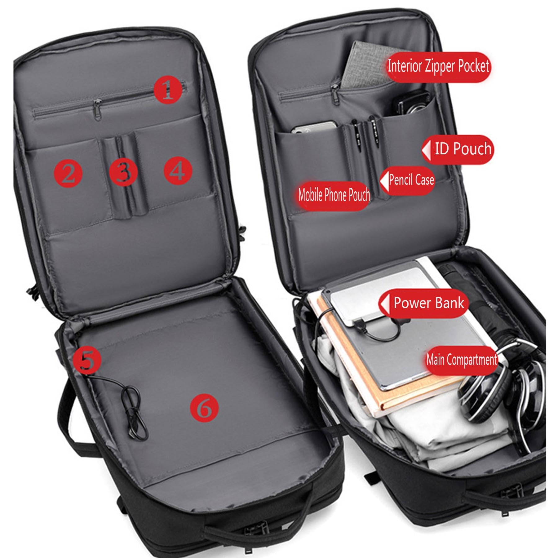 Zaino da viaggio multi-tasca per laptop, ampio zaino per viaggi d'affari con fascia per trolley, zaino leggero e impermeabile per pendolari con porta di ricarica USB,Grigio