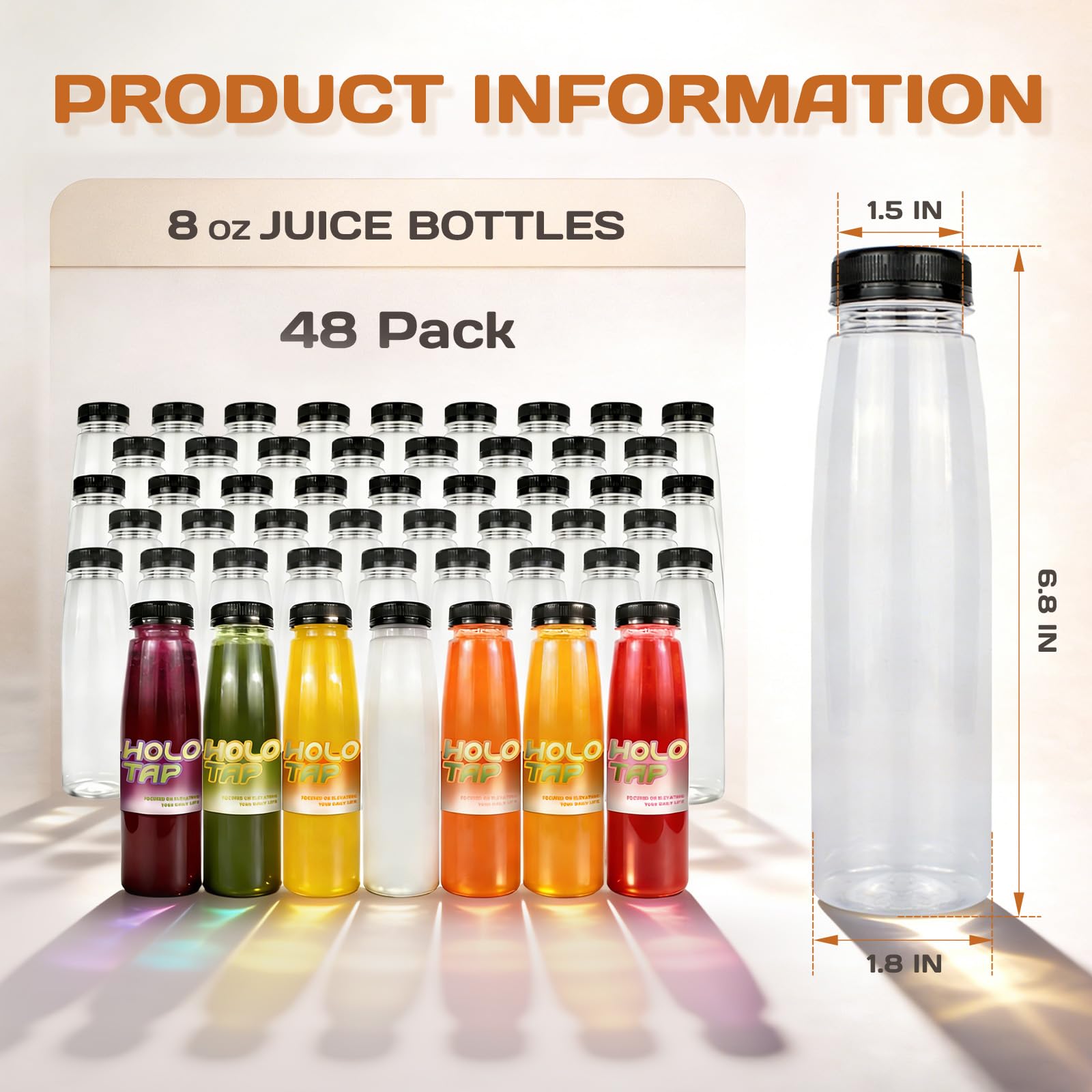 Paquete de 48 botellas vacías de plástico PET de 8 onzas, botellas de plástico transparentes desechables a granel para líquidos con tapas negras a prueba de manipulaciones (8 onzas, negro)