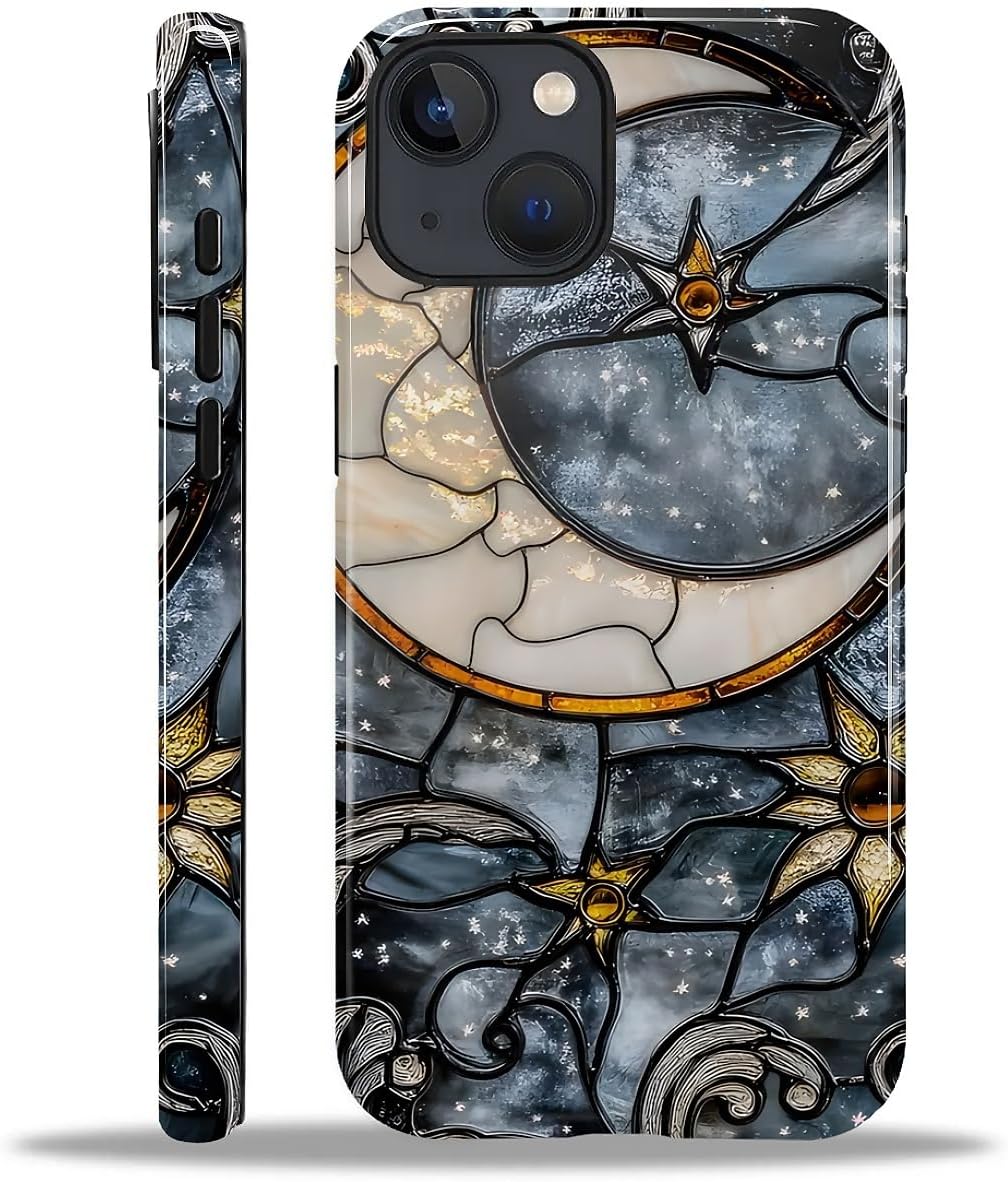 Compatible with iPhone 15 Case - Dual-Layer Protection, Hard Shell with Silicone Interior,Slim Scratch Resistant Shockproof for Woman Men - Moon and Stars Celestial