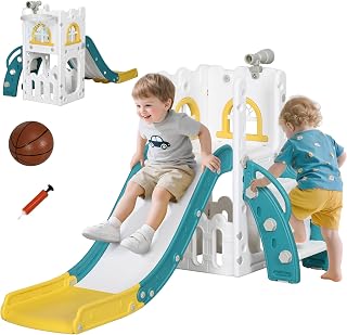 Qaba Toddler Slide, 5 in 1 Slide for Kids Aged 1-3 Years with Basketball Hoop, Climber, Telescope, Storage Basket, for Indoor Use, Yellow