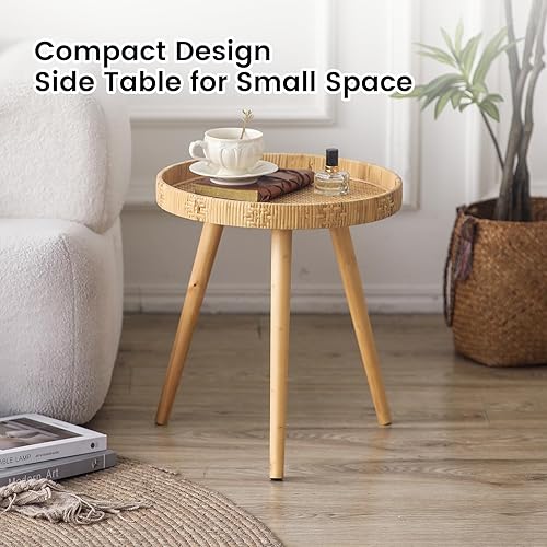Miniatura 4 de Mesa auxiliar redonda de ratán para espacios pequeños, mesa auxiliar circular bohemia con patas de madera maciza para sala de estar, dormitorio,
