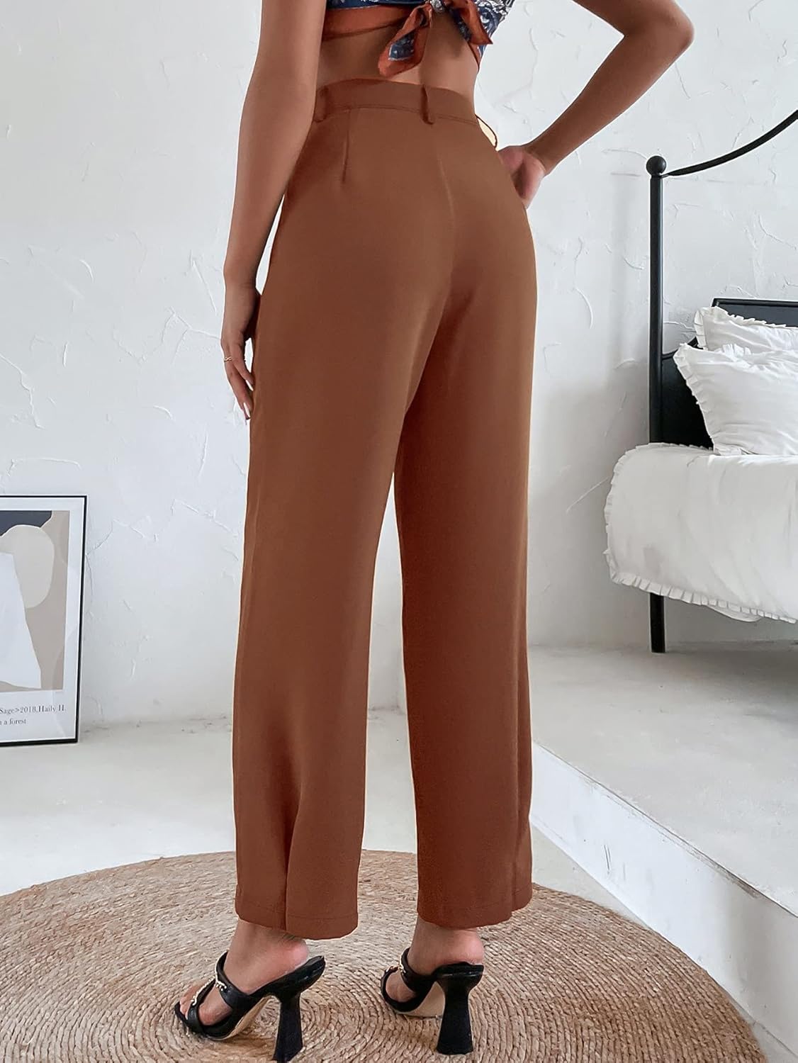 SweatyRocks Women's Casual High Waist Fold Pleated Straight Leg Trousers Work Pants with Pocket - Image 2