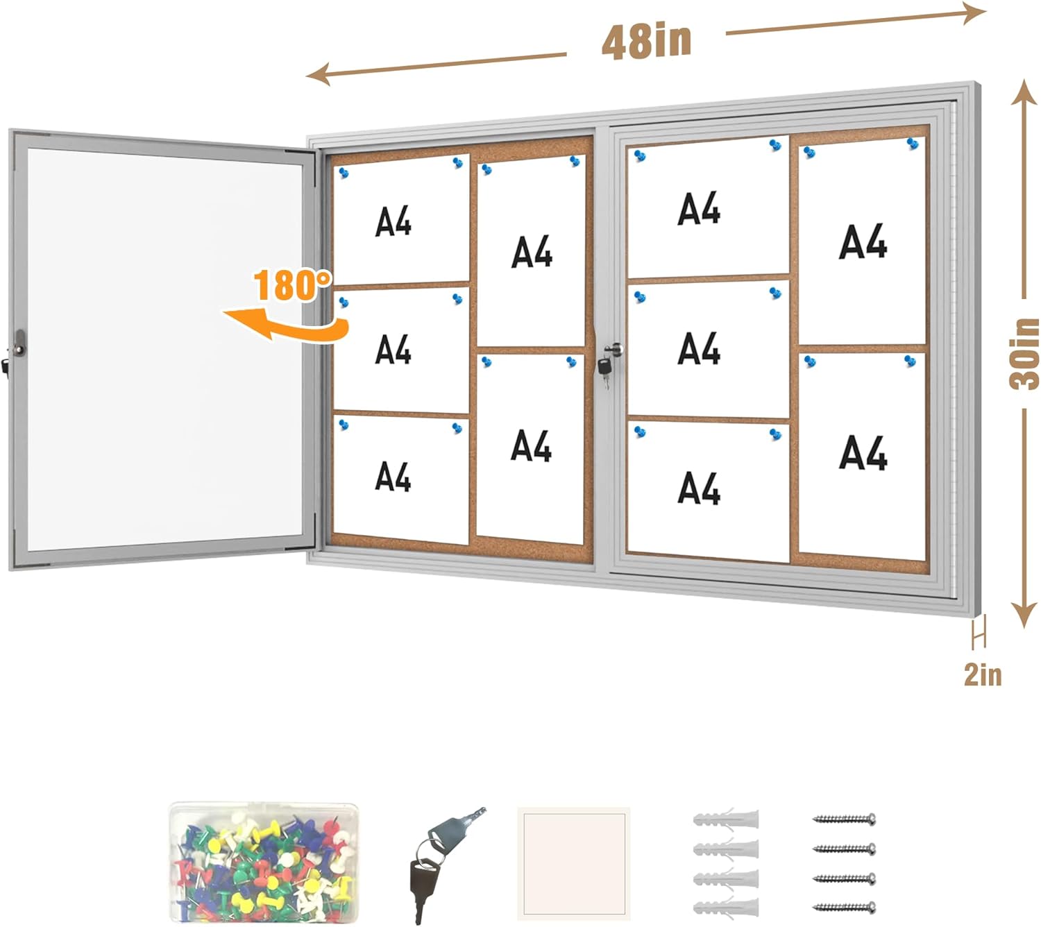 Mifuro 48"x30" Enclosed Bulletin Board, Outdoor Lockable Weather-Resistant Aluminum Cork Noticeboard for School & Office, Silver Frame w/Cork