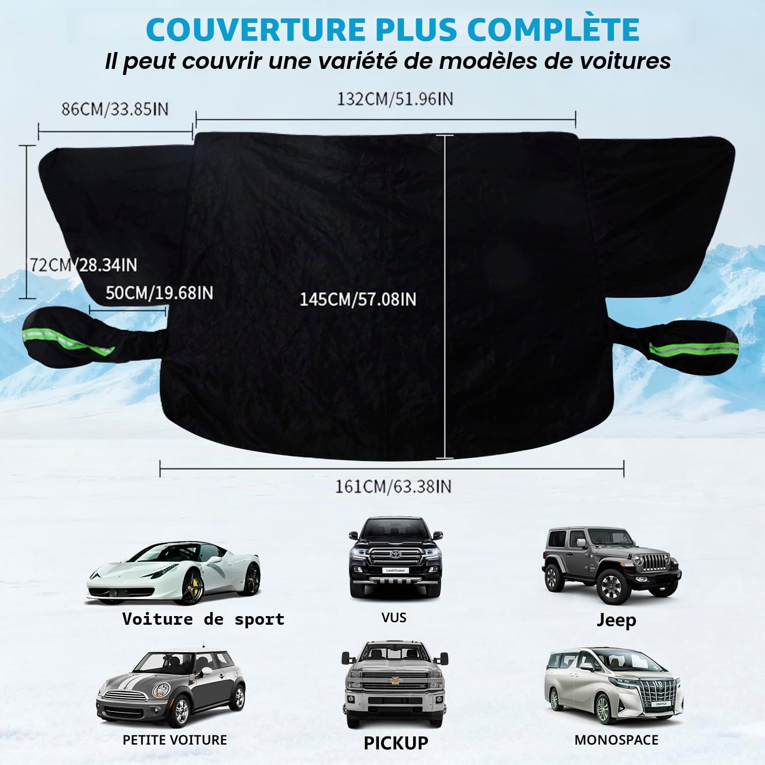 Couverture de Pare-Brise d'Hiver avec 2 Couvertures de Rétroviseurs pour Neige, Gel, Soleil, Protection Universelle pour Voiture, Camionnette, SUV