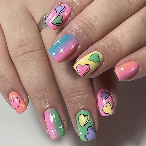 Miniatura 1 de 24 uñas postizas cortas para el día de San Valentín con diseños lindas uñas de corazón a presión brillantes de cobertura completa uñas acrílicas de