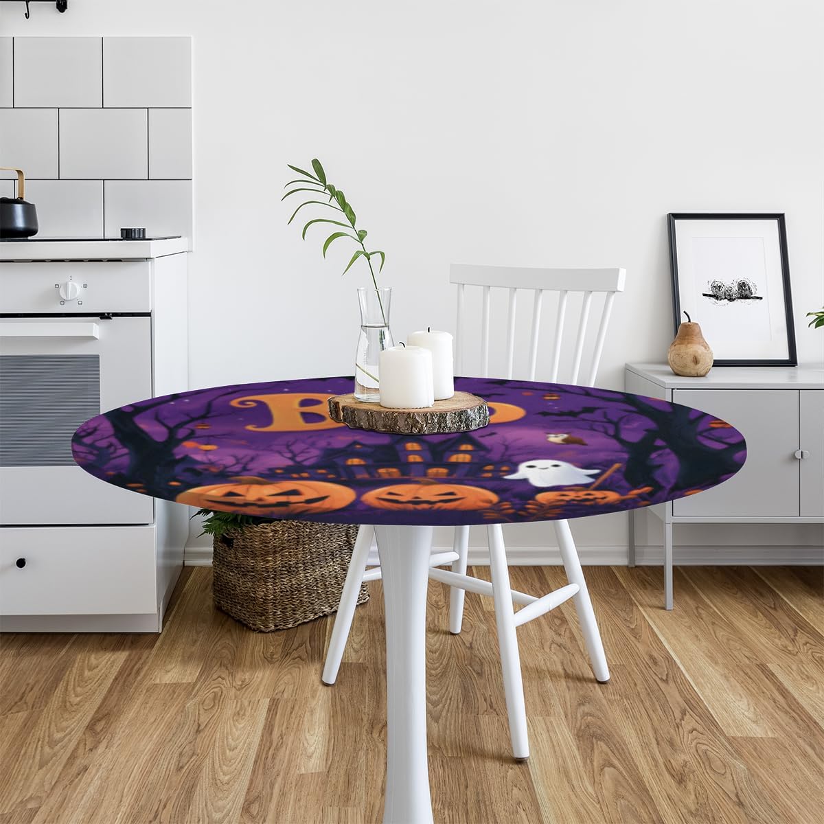Halloween Pumpkin Castle Boo Round Fitted Tablecloth with Elastic Edge, Halloween Waterproof Wipeable Table Cover Washable Indoor Outdoor Circle Cover for Tables Dining Kitchen Picnic Patio 45"-50"