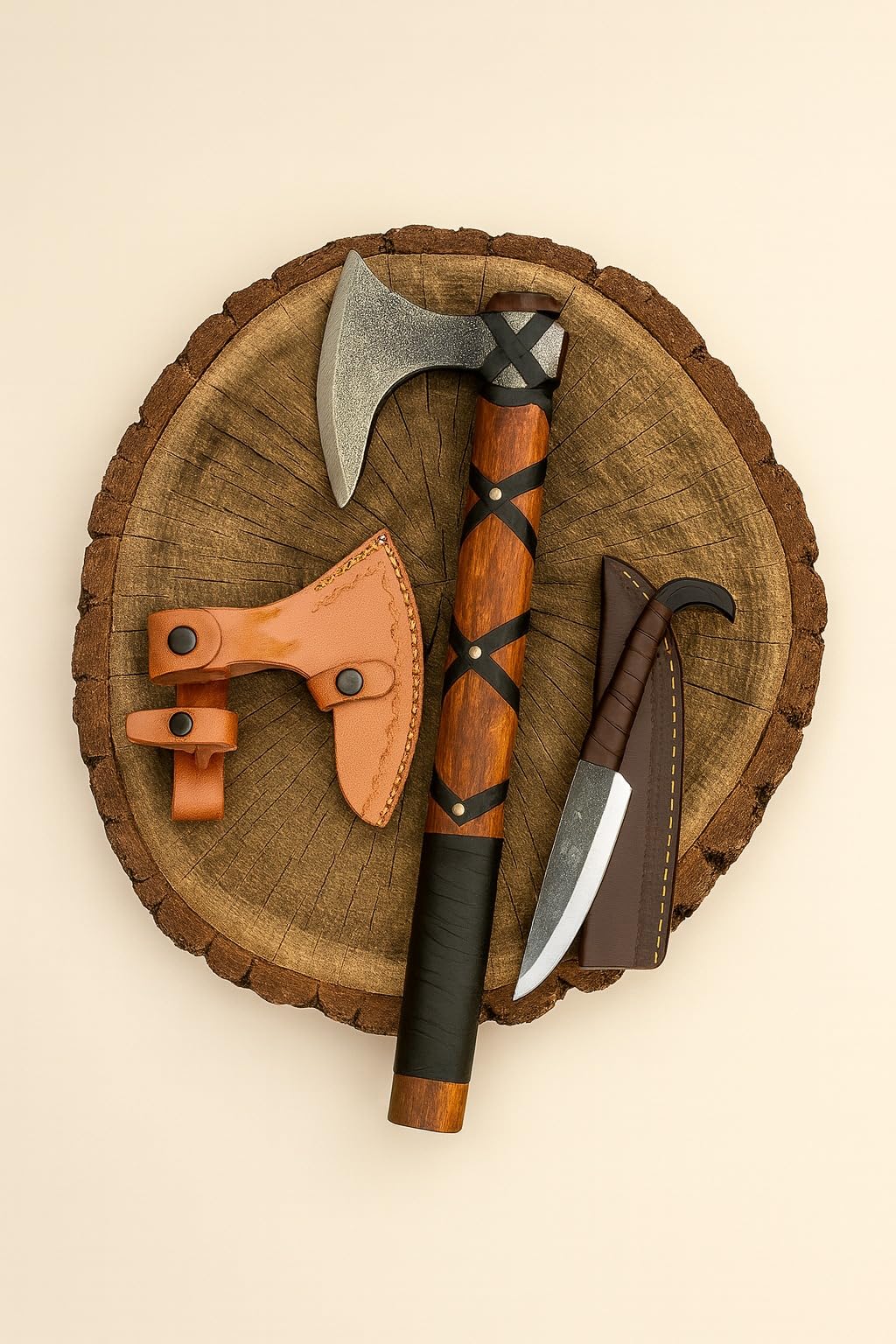 Hand-Forged Viking Axe and Norse Vikings Knife Set | 20" Carbon Steel Axe with Raven-Head Knife with Leather Sheath | Medieval Replica Collectible Gift Set for Men.