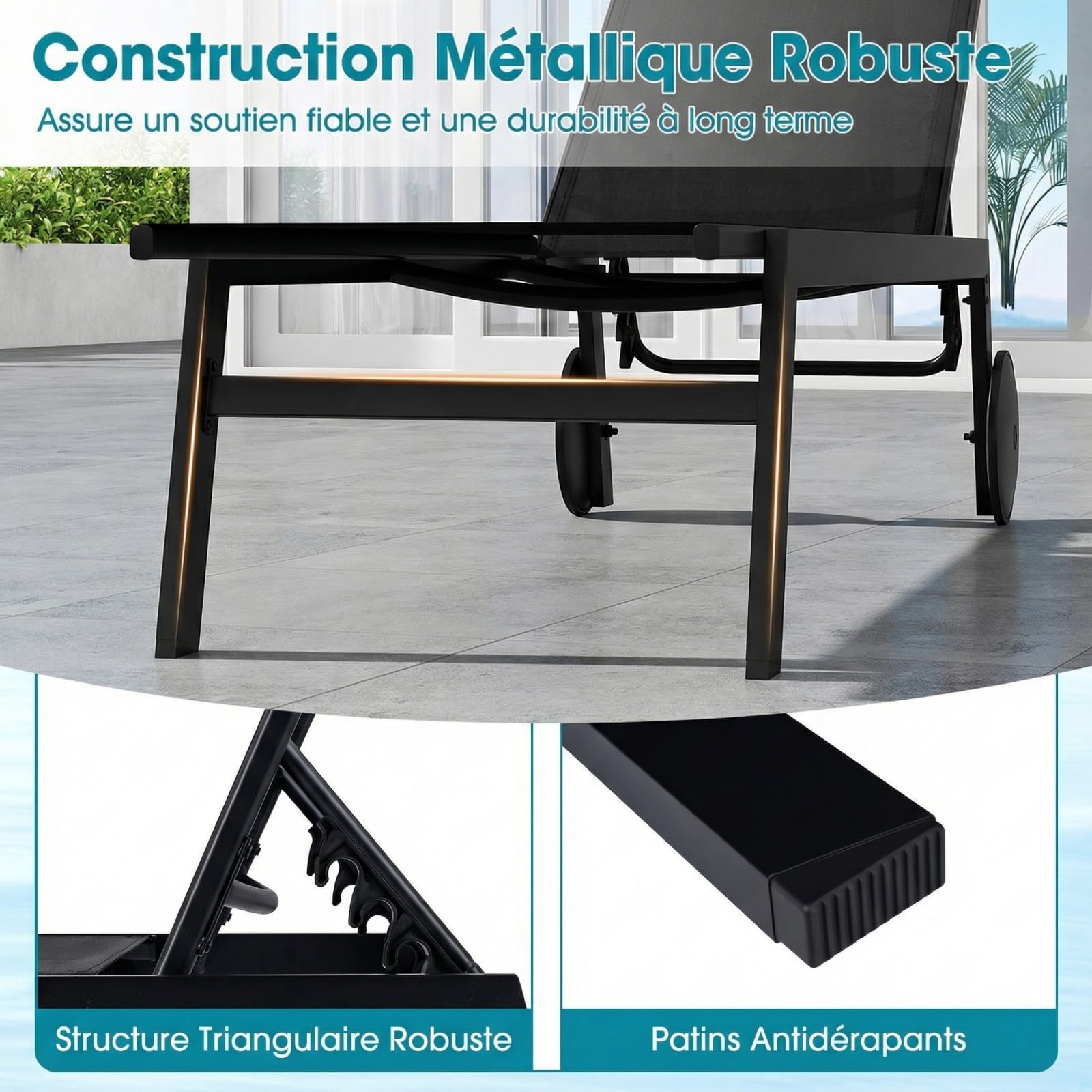 COSTWAY Bain de Soleil avec 2 roulettes, Chaise Longue Jardin Exterieur Réglable en 6 Positions, Tissu Respirant, Structure en Métal, Transat pour Piscine Terrasse Jardin, Charge 150 kg (Noir,1)