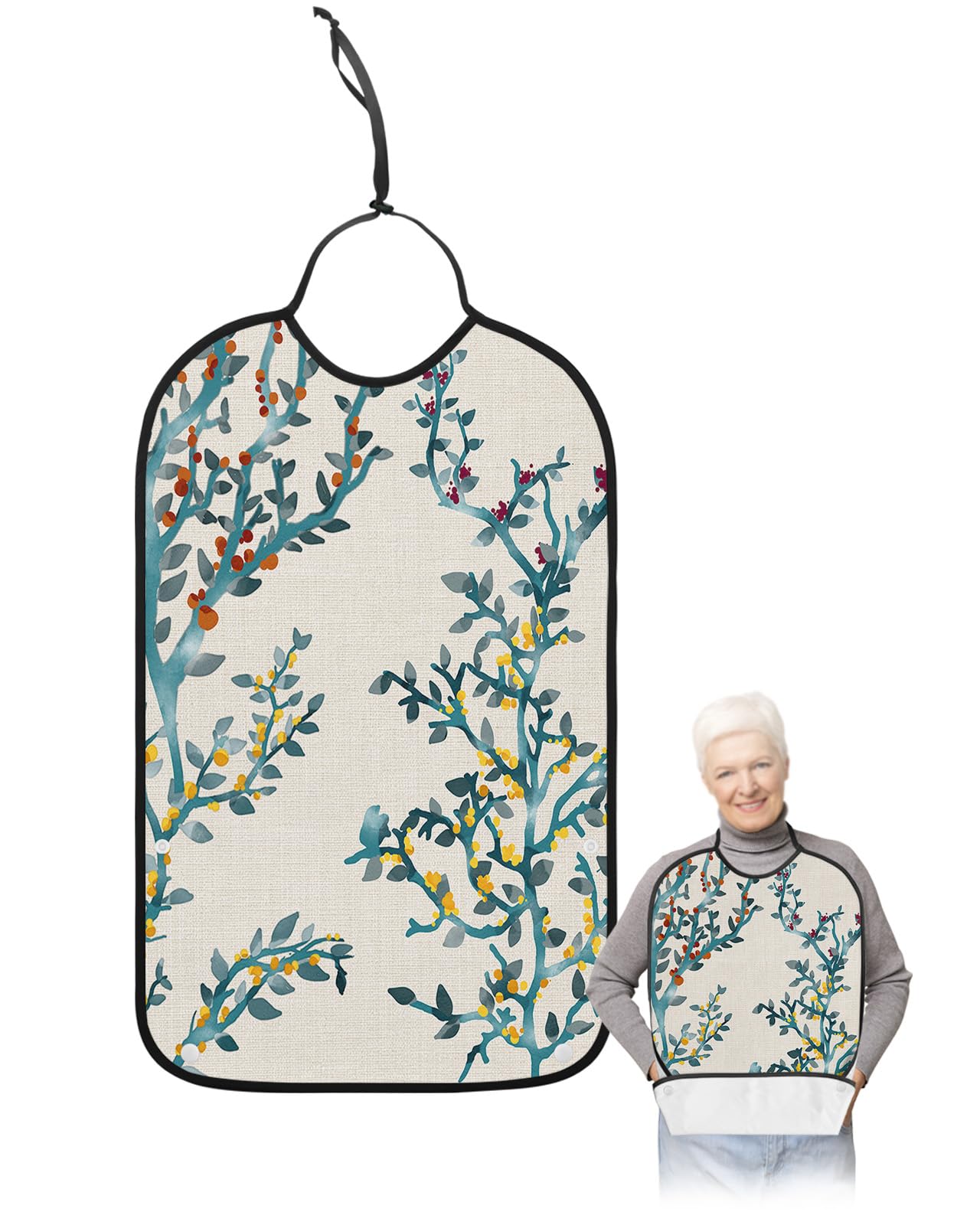 LEOKOTI Teal Botanical Adult Bibs for Eating, Waterproof Bibs with Food Catcher & Snap Closure, Elegant Spring Floral Summer Branches Rustic Washable Clothing Protectors Adult Bibs for Elderly