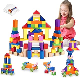 QODOFLR 100 Pcs Wooden Building Blocks, Wooden Blocks Kids Natural Wood Stacking Blocks Set, Shape Sorting Stacking Toy for Kids with Storage Bag, Montessori Toys for 1 2 3 Year Old Girls Boys