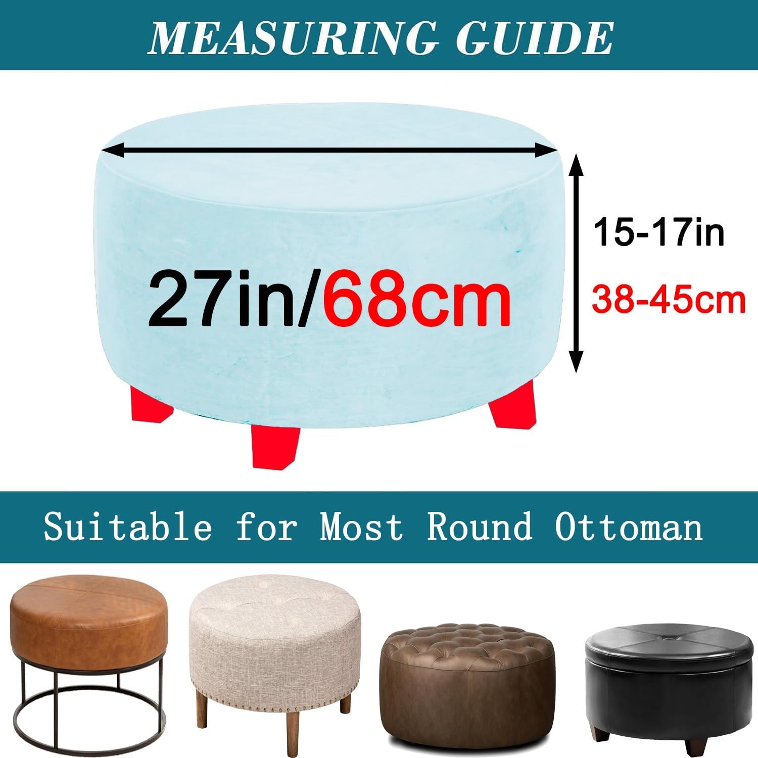 Hassock Cover Round Velvet Ottoman Slipcover Custom Sizes Footstool Protector Stretch for Stool/Footrest/Pouf/Sofa with Elastic Bottom(Gray,Diameter 68cm)