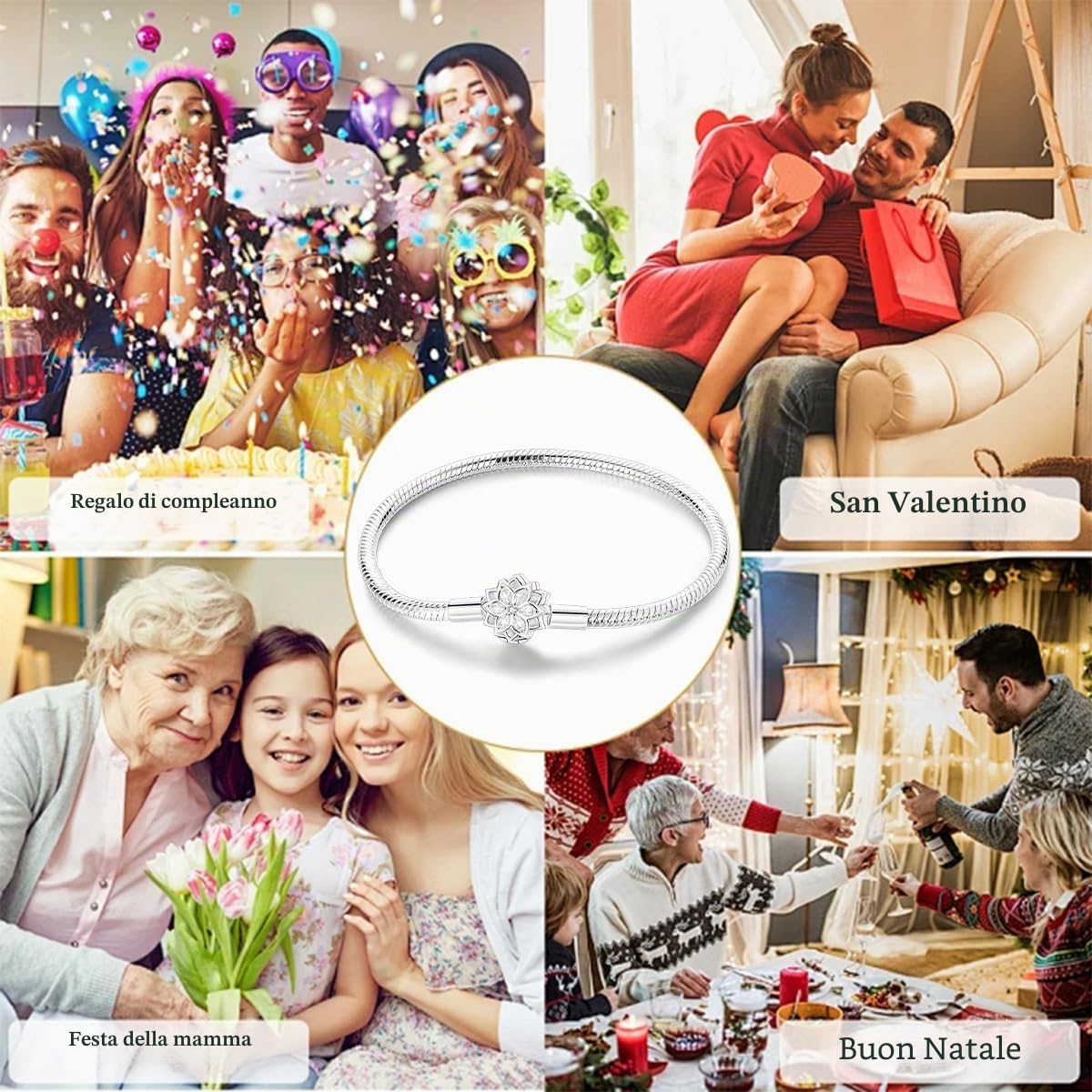 Bracciale in Argento con Maglia Snake e Chiusura a Cuore Compatibile con Europei Charms da Donna