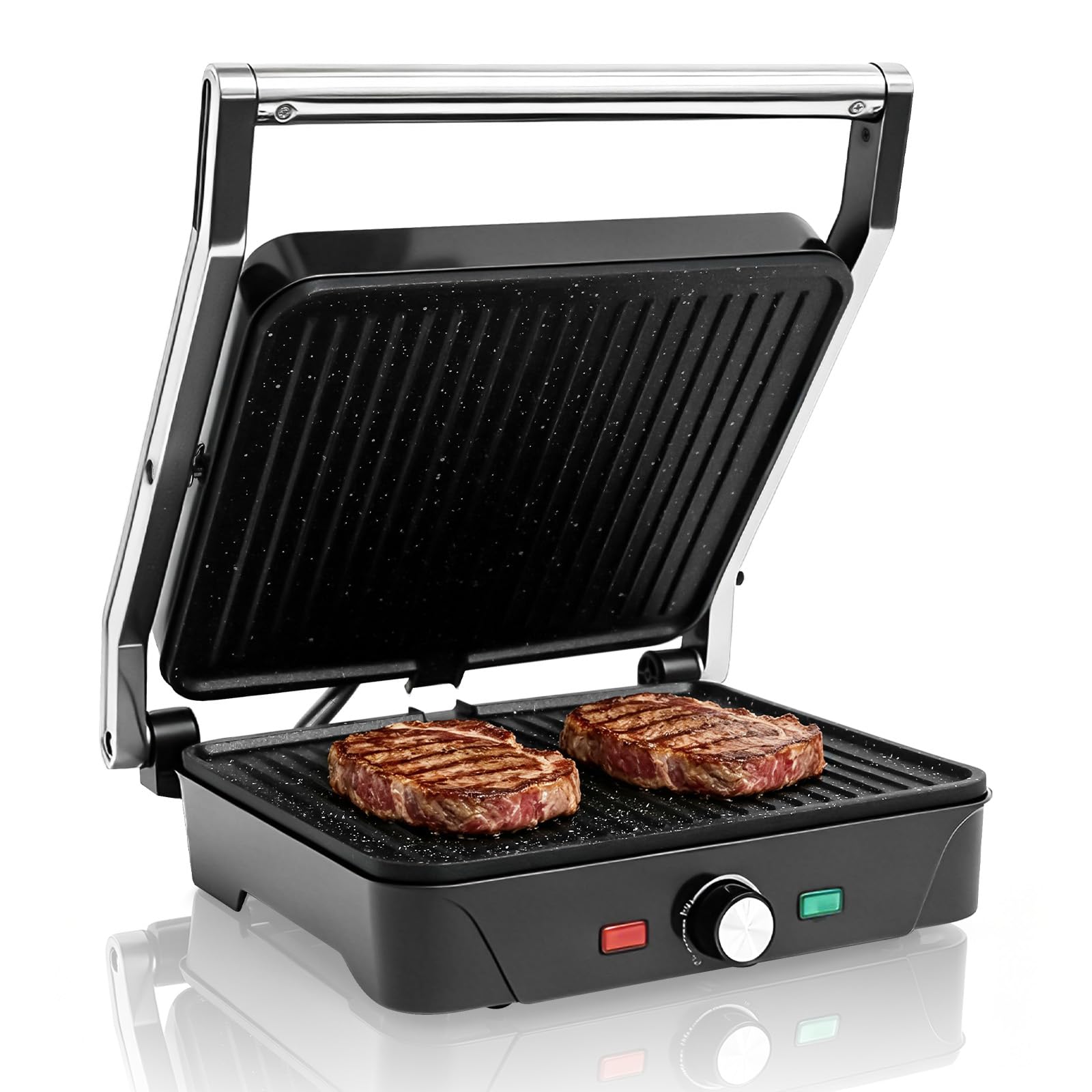 Parrilla Eléctrica, Grill, Sandwichera y Panini 2000W, Regulador de temperatura, apertura 180º, antiadherente, placa superior flotante, Cajetín Recogegrasa, 28 x 25 cm