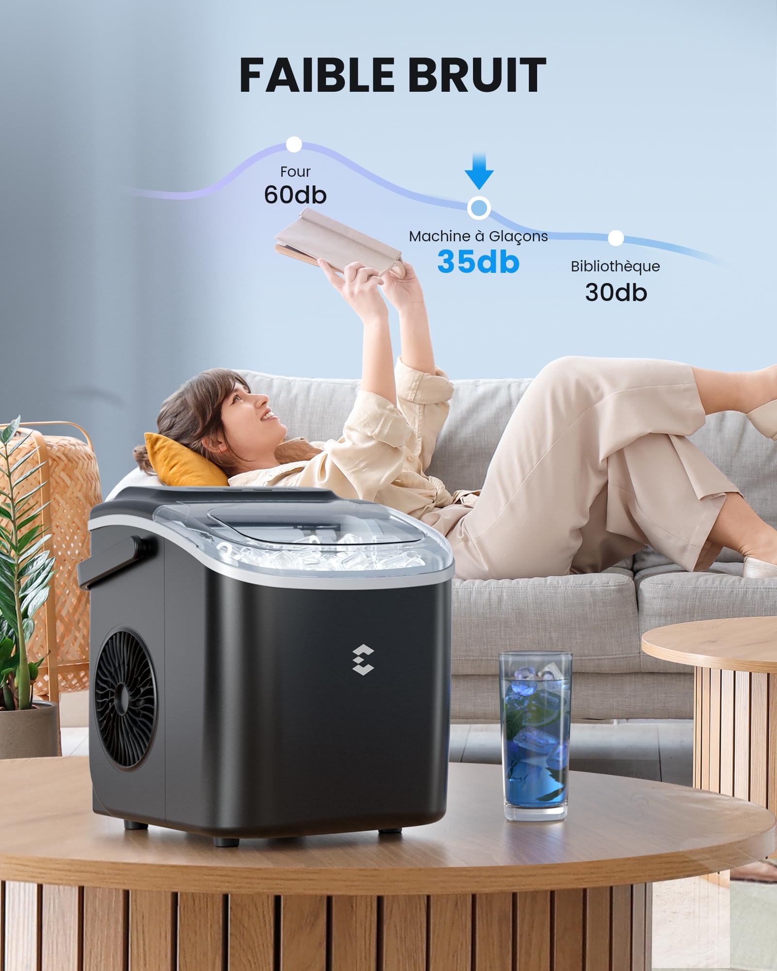 EASYERA Machine à Glaçons, Design Compact et Fin, 12 Kg/24H | 2 Tailles de Glaçons, Machine a Glacons Autonettoyante, Ice Maker Pour maison/ cuisine/ bureau/ bar/ camping