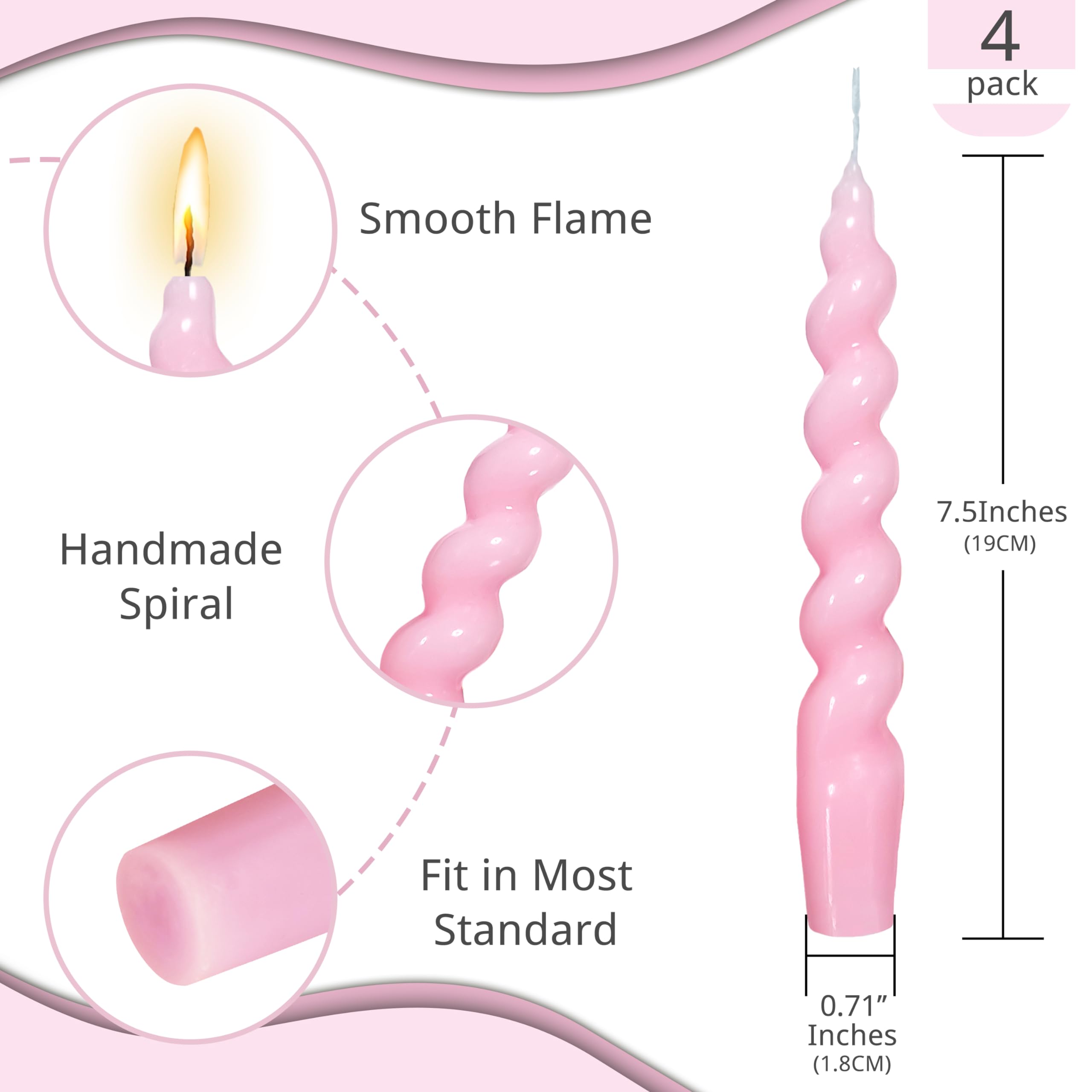 NJAO HOO 7.5 Inch Spiral Candlesticks Pink Taper Candle Colored Short Tapered Candles Twisted Taper Candles Spring Candlesticks for Dinner Table Home Decor Party Wedding 4 Pcs