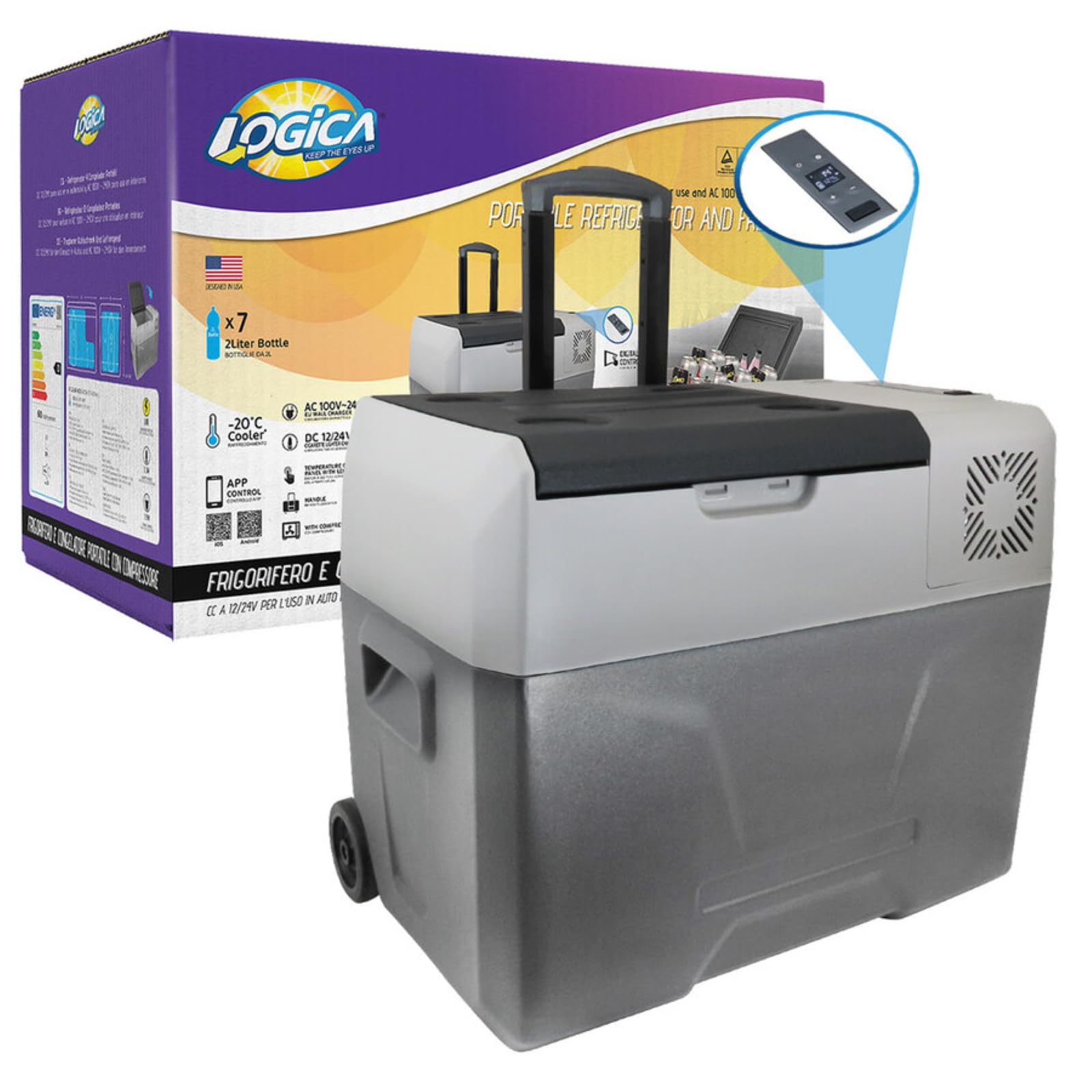LOGICA KEEP THE EYES UP Frigorifero Portatile a Compressore 39L: Frigo Auto 12V/24V e 220V, Congelatore per Camper e Campeggio, Display LED, Controllo App, Ruote e Manico, Raffredda fino a -20°C