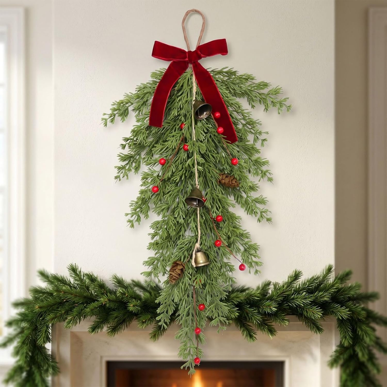 22'' Artificial Christmas Wreaths Swags with Red Bow Bells and Berry (1)