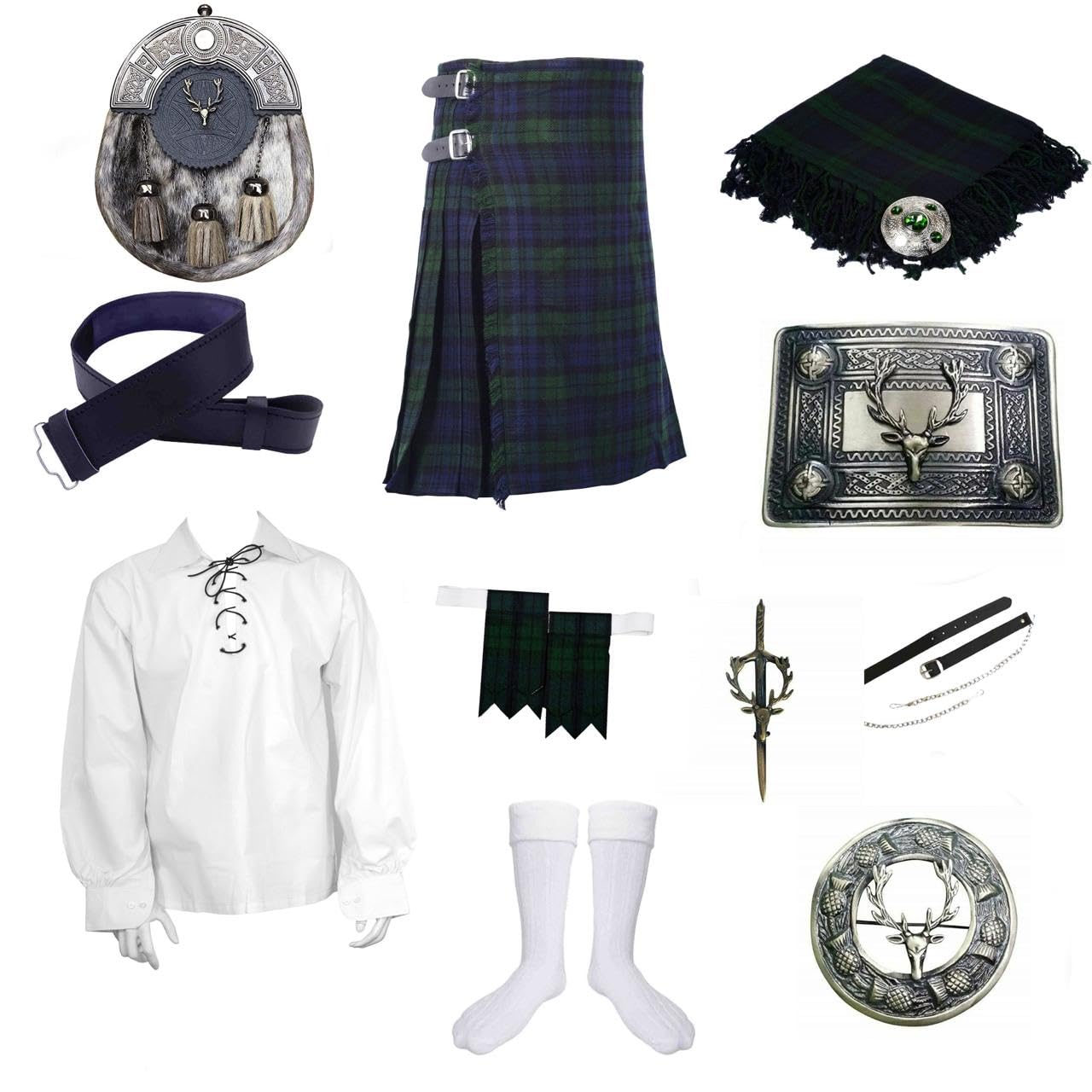 Bingo Sale Black Watch Tartan Kilt Outfit for Men – Traditional Scottish Highland Dress Set with Stag Head Design & Accessories (40" Inches Naval Waist)