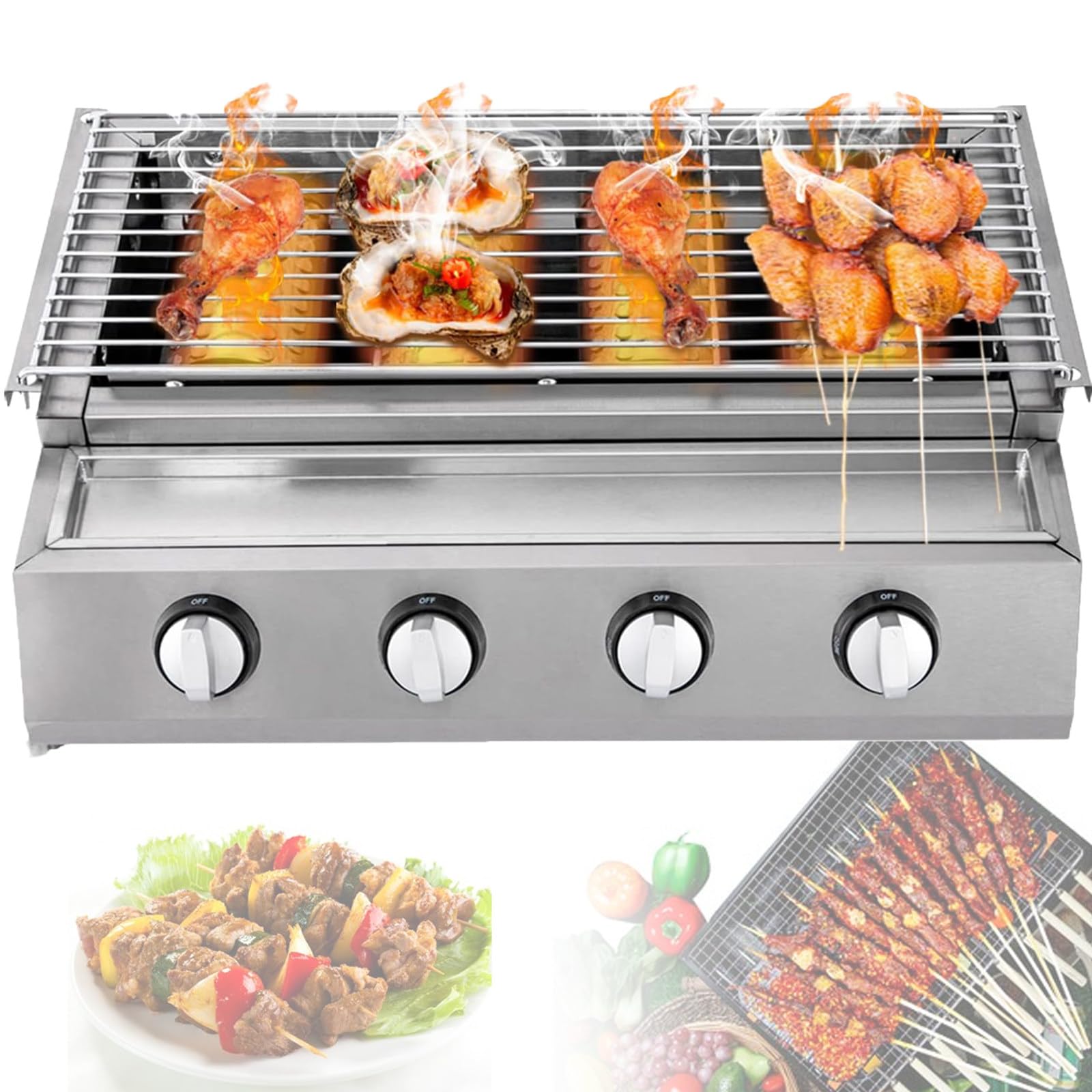 Grill gazowy BBQ 4-palnikowy do ogrodu, grill gazowy LPG, stołowy, grill gazowy ze stali nierdzewnej, grill z regulowaną wysokością, płyta grillowa z powłoką nieprzywierającą