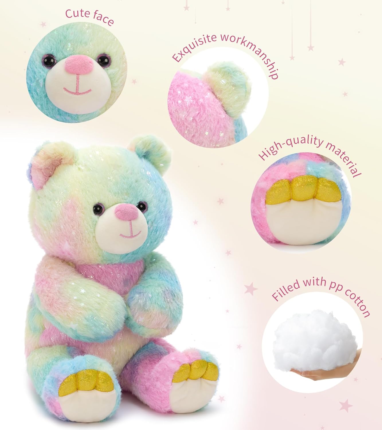 Tezituor Rainbow Teddy Bear Stuffed Animal,13.78in Cute Bear Plush Toys, Cozy Bears Plushies,Stuffies for Girlfriend, Kids Valentine’s Day,Christmas,Birthday Gifts,Huggable Medium Size(Rainbow) - Image 3