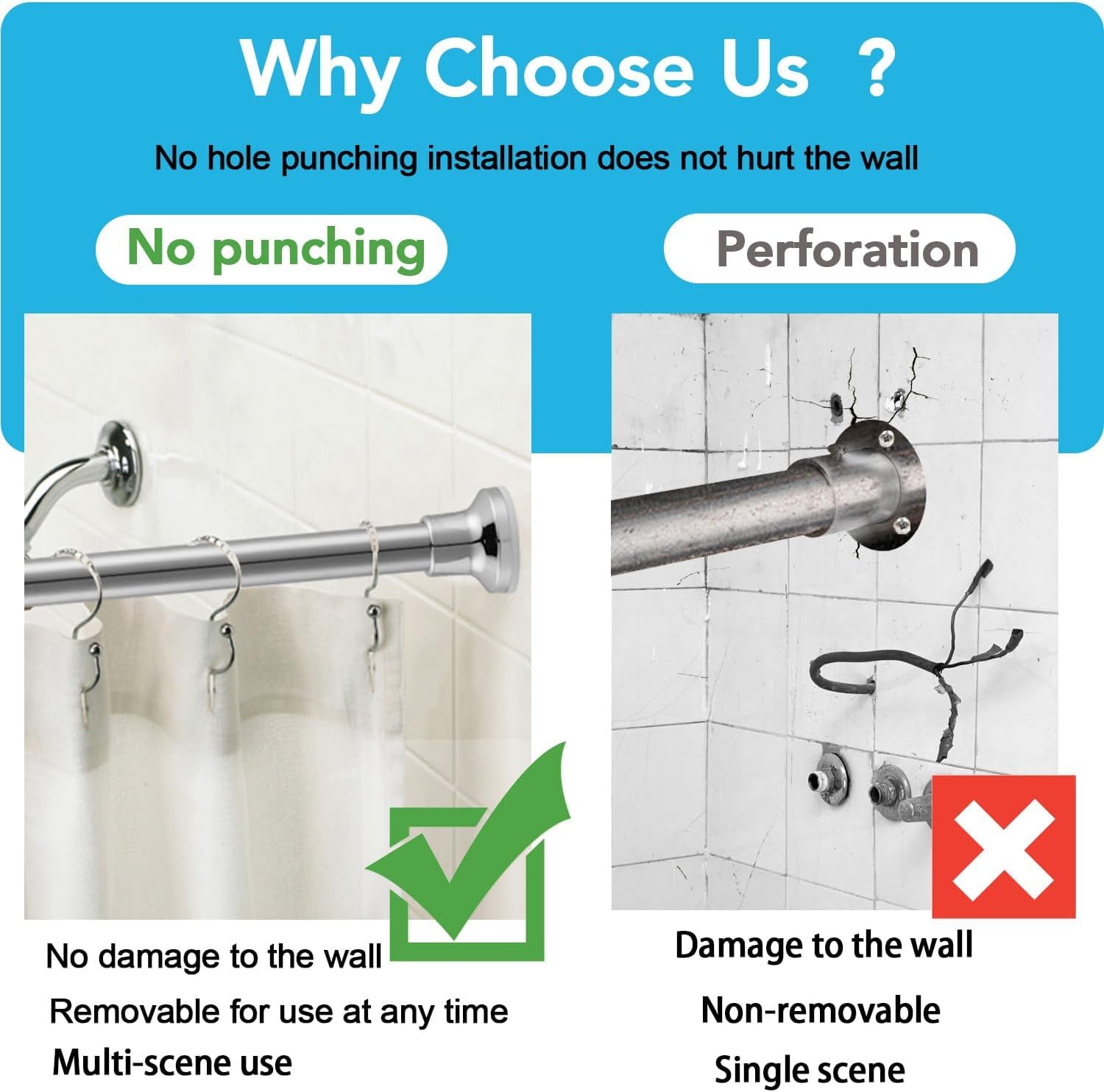 Shower Curtain Rod Silver, 44-88 Inch Tension No Drill Spring Rust-Resistance Adjustable Curtain Rod for Bathroom Shower Stall, RV, Windows, Closet, Anti-Slip, No Drilling