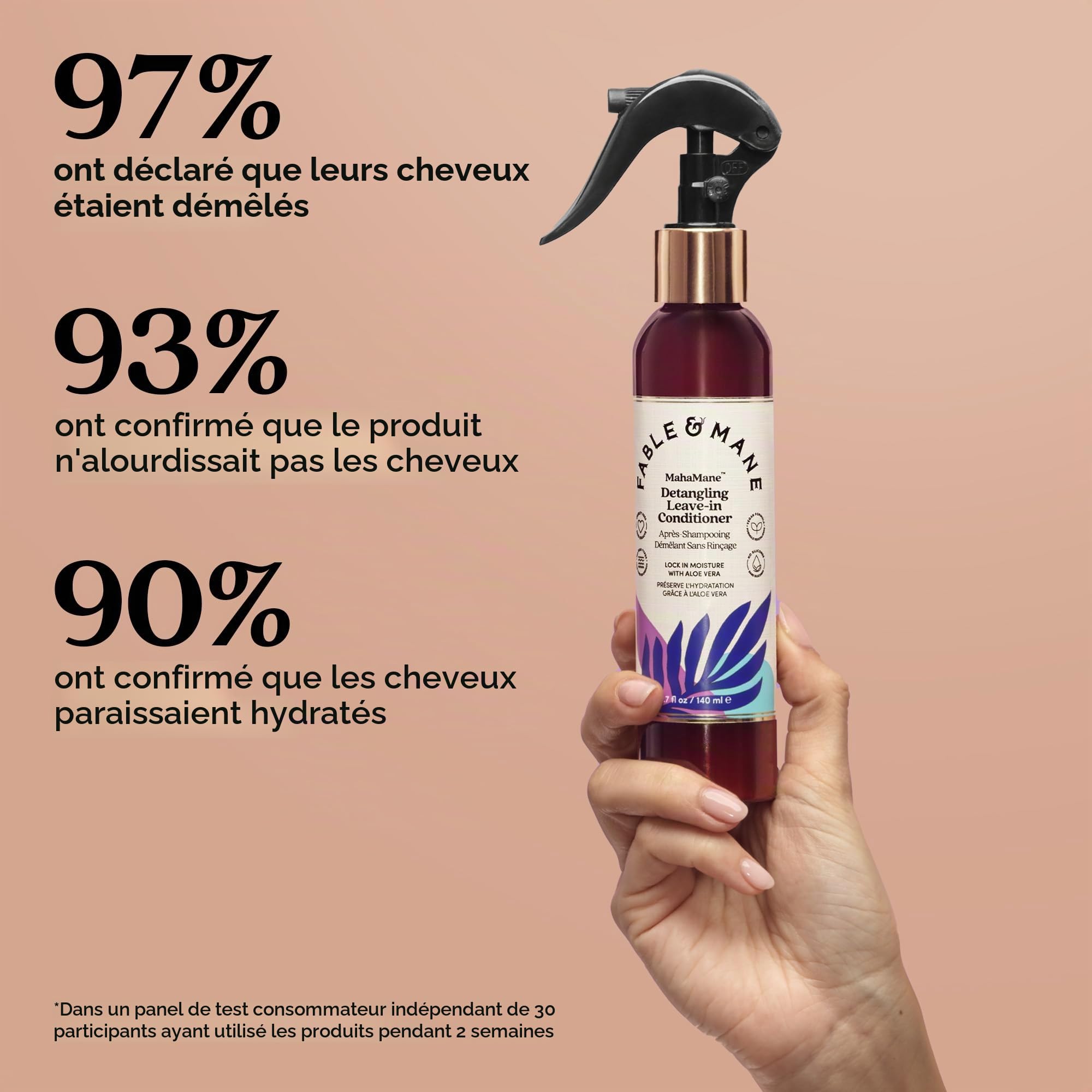 Fable & Mane Après-shampoing démêlant sans rinçage Protection UV pour cheveux lisses, hydratés et sans nœuds. Enrichi en aloe vera