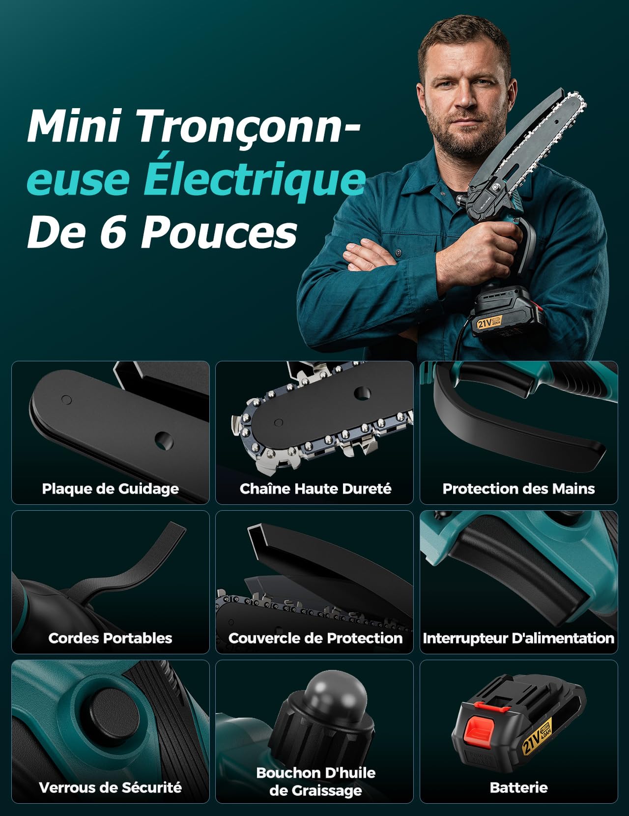 Mini Tronçonneuse à Batterie 6 Pouces, Tronçonneuse Électrique 21V avec 2x4000 mAh Batteries, 2 Chaînes, Valise, Lubrification par Pression, pour Débutant, Élagage, Jardin Bois